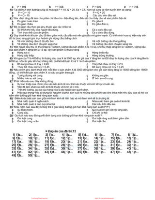 a P = 50$ b P = 40$ c P = 60$ d P = 70$
40/ Tại điểm A trên đường cung có mức giá P = 10, Q = 20, Es = 0,5, hàm số cung là hàm tuyến tính có dạng:
a P = Q + 10
b P = Q - 10
c P = Q + 20
d Các câu trên đều sai
41/ Gía điện tăng đã làm cho phần chi tiêu cho điện tăng lên, điều đó cho thấy cầu về sản phẩm điện là:
a Co giãn hoàn toàn.
b Co giãn nhiều
c Co giãn ít
d Co giãn đơn vị.
42/ Độ co giãn cầu theo giá phụ thuộc vào các nhân tố:
a Sở thích thị hiếu của người tiêu dùng.
b Tính thay thế của sản phẩm.
c Cả a và b đều sai.
d Cả a và b đều đúng.
43/ Suy thoái kinh tế toàn cầu đã làm giảm mức cầu dầu mỏ nên giá dầu mỏ giảm mạnh. Có thể minh hoạ sự kiện này trên
đồ thị (trục tung ghi giá, trục hoành ghi lượng cầu) bằng cách:
a Vẽ một đường cầu có độ dốc âm
b Vẽ đường cầu dịch chuyển sag phải
c Vẽ một đường cầu thẳng đứng
d Vẽ đường cầu dịch chuyển sang trái
44/ Một người tiêu thụ có thu nhập là 1000đvt, lượng cầu sản phẩm X là 10 sp, khi thu nhập tăng lên là 1200đvt, lượng cầu
của sản phẩm X tăng lên là 13 sp, vậy sản phẩm X thuộc hàng
a Hàng xa xỉ
b Hàng cấp thấp.
c Hàng thiết yếu
d Hàng thông thường.
45/ Khi giá của Y là 400đ/sp thì lượng cầu của X là 5000 sp, khi giá của Y tăng lên là 600 đ/sp thì lượng cầu của X tăng lên là
6000 sp, với các yếu tố khác không đổi, có thể kết luận X và Y là 2 sản phẩm:
a Bổ sung nhau có Exy = 0,45
b Thay thế nhau có Exy = 0,45
c Thay thế nhau có Exy = 2,5
d Bổ sung nhau có Exy = 0,25
46/ Nếu chính phủ đánh thuế trên mỗi đôn vị sản phẩm X là 3000 đồng làm cho giá cân bằng tăng từ 15000 đồng lên 16000
đồng , có thể kết luận sản phẩm X có cầu co giãn theo giá :
a Tương đương với cung.
b Nhiều hơn so với cung
c Không co giãn.
d ÍT hơn so với cung.
47/ Phát biểu nào sau đây không đúng:
a Sự can thiệp của chính phủ vào nền kinh tế như thế nào thuộc về kinh tế học chuẩn tắc.
b Vấn đề lạm phát của nền kinh tế thuộc về kinh tế vĩ mô.
c Trên thị trường, giá cả của hàng hóa là do người bán quyết định.
d Hiệu quả trong việc sử dụng tài nguyên là phải sản xuất ra những sản phẩm sao cho thỏa mãn nhu cầu của xã hội và
nằm trên đường giới hạn khả năng sản xuất.
48/ Điểm khác biệt căn bản giữa mô hình kinh tế hỗn hợp và mô hình kinh tế thị trường là:
a Nhà nước quản lí ngân sách.
b Nhà nước quản lí các quỷ phúc lợi
c Nhà nước tham gia quản lí kinh tế.
d Các câu trên đều sai.
49/ Khái niệm nào sau đây không thể lí giải bằng đường giới hạn khả năng sản xuất (PPF)
a Sự khan hiếm.
b Cung cầu.
c Quy luật chi phí cơ hội tăng dần.
d Chi phí cơ hội
50/ Qui luật nào sau đây quyết định dạng của đường giới hạn khả năng sản xuất ?
a Qui luật cung
b Qui luật cung - cầu
c Qui luật năng suất biên giảm dần
d Qui luật cầu
¤ Đáp án của đề thi:13
1[ 1]b... 2[ 1]a... 3[ 1]c... 4[ 1]c... 5[ 1]d... 6[ 1]a... 7[ 1]c... 8[ 1]d...
9[ 1]b... 10[ 1]d... 11[ 1]c... 12[ 1]c... 13[ 1]c... 14[ 1]d... 15[ 1]b... 16[ 1]b...
17[ 1]a... 18[ 1]c... 19[ 1]b... 20[ 1]a... 21[ 1]a... 22[ 1]a... 23[ 1]d... 24[ 1]b...
25[ 1]b... 26[ 1]d... 27[ 1]b... 28[ 1]b... 29[ 1]c... 30[ 1]a... 31[ 1]c... 32[ 1]c...
33[ 1]b... 34[ 1]a... 35[ 1]d... 36[ 1]d... 37[ 1]c... 38[ 1]c... 39[ 1]a... 40[ 1]b...
41[ 1]c... 42[ 1]d... 43[ 1]d... 44[ 1]a... 45[ 1]b... 46[ 1]b... 47[ 1]c... 48[ 1]c...
49[ 1]b... 50[ 1]c...
CuuDuongThanCong.com https://fb.com/tailieudientucntt
 