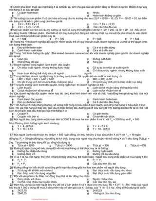 6/ Chính phủ đánh thuế vào mặt hàng X là 3000đ / sp, làm cho giá của sản phẩm tăng từ 15000 đ /sp lên 18000 đ /sp.Vậy
mặt hàng X có cầu co giãn
a Co giãn hoàn toàn
b ÍT
c Nhiều
d Hoàn toàn không co giãn
7/ Thị trường của sản phẩm Y có các hàm số cung cầu thị trường như sau:(S) P = Q/20 + 10, (D) P = - Q/ 60 + 20, tại điểm
cân bằng có hệ số co giãn cung câù theo giá là:
a Ed = - 2,33, Es = 7
b Ed = - 7, Es = 2,33
c Ed = 7, Es = - 2,33
d Các câu trên đều sai
8/ Một sản phẩm có hàm số cầu thị trường và hàm số cung thị trường lần lượt QD = -2P + 200 và QS = 2P - 40 .Nếu chính
phủ tăng thuế là 10$/sản phẩm, tổn thất vô ích (hay lượng tích động số mất hay thiệt hại mà xã hội phải chịu) do việc đánh
thuế của chính phủ trên sản phẩm này là:
a P = 40$ b P = 70$ c P = 60$ d P = 50$
9/ Trong mô hình doanh nghiệp độc quyền nhóm có ưu thế về quy mô sản xuất, doanh nghiệp có ưu thế có thể quyết định
sản lượng theo cách:
a Độc quyền hoàn toàn
b Cạnh tranh hoàn toàn
c Cả a và b đều đúng
d Cả a và b đều sai
10/ Trong “mô hình đường cầu gãy” (The kinked demand curve model) khi một doanh nghiệp giảm giá thì các doanh nghiệp
còn lại sẽ:
a Giảm giá
b Không thay đổi giá
c Không biết được
d Tăng giá
11/ Doanh nghiệp trong ngành cạnh tranh độc quyền:
a Chỉ được xuất ngành, nhưng không được nhập
ngành
b Hoàn toàn không thể nhập và xuất ngành
c Có sự tự do nhập và xuất ngành
d Chỉ được nhập ngành, nhưng không được xuất
ngành
12/ Trong dài hạn, doanh nghiệp trong thị trường cạnh tranh độc quyền sẽ sản xuất tại sản lượng có:
a LMC = SMC = MR = LAC = SAC
b Chi phí trung bình AC chưa là thấp nhất (cực tiểu)
c MR = LMC =LAC
d Chi phí trung bình AC là thấp nhất (cực tiểu)
13/ Trong thị trường cạnh tranh độc quyền, trong ngắn hạn thì doanh nghiệp có thể:
a Luôn thua lỗ
b Có lợi nhuận kinh tế hay thua lỗ
c Luôn có lợi nhuận bằng không (hòa vốn)
d Luôn có lợi nhuận kinh tế
14/ Các doanh nghiệp độc quyền nhóm hợp tác công khai hình thành nên một tổ chức hoạt động theo phương thức của một
doanh nghiệp
a Cạnh tranh độc quyền
b Độc quyền hoàn toàn
c Cạnh tranh hoàn toàn
d Cả 3 câu trên đều đúng
15/ Trên hệ trục 2 chiều thông thường, số lượng mặt hàng X biểu diễn ở trục hoành, số lượng mặt hàng Y biểu diễn ở trục
tung. Khi giá mặt hàng X thay đổi, các yếu tố khác không đổi, đường giá cả-tiêu dùng là một đường dốc lên thì ta có thể kết
luận độ co giãn của cầu theo giá của mặt hàng X là:
a Co giãn ít
b Co giãn một đơn vị
c Co giãn nhiều
d Chưa kết luận được
16/ Một người tiêu dùng dành một khoản tiền là 2000 $ để mua hai sản phẩm X và Y, với PX
= 200 $/sp và PY
= 500
$/sp.Phương trình đường ngân sách có dạng:
a Y = 4 - (2/5)X
b Y = 10 - 2,5X
c Y = 4 - 2,5 X.
d Y = 10 - (2/5)X
17/ Một người dành một khoản thu nhập I = 600 ngàn đồng, chi tiêu hết cho 2 loại sản phẩm X và Y với PX
= 10 ngàn
đồng/sp; PY
= 30ngàn đồng/sp, hàm tổng lợi ích (hữu dụng) của người này phụ thuộc vào số lượng X và Y tiêu dùng TU(x,y) =
2xy. Tại phương án tiêu dùng tối ưu, tổng hữu dụng là:
a TU(x,y) = 1200 b TU(x,y) = 2400 c TU(x,y) = 300 d TU(x,y) = 600
18/ Đường Engel của người tiêu dùng đối với một mặt hàng có thể được suy ra từ đường:
a Đường thu nhập-tiêu dùng
b Đường đẳng ích
c Đường ngân sách
d Đường giá cả-tiêu dùng
19/ X và Y là hai mặt hàng thay thế (nhưng không phải thay thế hoàn toàn). Người tiêu dùng chắc chắn sẽ mua hàng X khi:
a PX
= PY
b PX
< PY
c PX
> PY
d Các câu trên đều sai
20/ Đường đẳng ích biểu thị tất cả những phối hợp tiêu dùng giữa hai loại sản phẩm mà người tiêu dùng:
a Sử dụng hết số tiền mà mình có
b Đạt được mức hữu dụng tăng dần
c Đạt được mức hữu dụng như nhau
d Đạt được mức hữu dụng giảm dần
21/ Đối với sản phẩm cấp thấp, tác động thay thế và tác động thu nhập:
a Cùng chiều với nhau
b Có thể cùng chiều hay ngược chiều
c Ngược chiều nhau
d Các câu trên đều sai
22/ Hàm hữu dụng của một người tiêu thụ đối với 2 sản phẩm X và Y được cho như sau; TU = X (Y - 1) .Thu nhập của người
tiêu thụ là 1.000.đ dùng để mua 2 sản phẩm này với đơn giá của X 10đ /sp, của Y là 10 đ /sp , tổng số hữu dụng tối đa là:
a 2425,50
b 2540,25
c 2450,25
d Không có câu nào đúng.
CuuDuongThanCong.com https://fb.com/tailieudientucntt
 