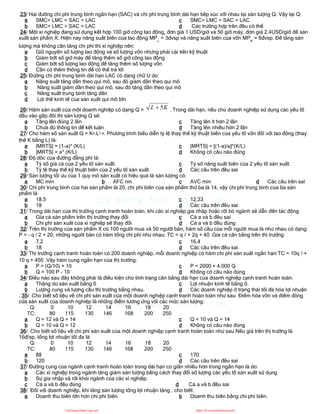 23/ Hai đường chi phí trung bình ngắn hạn (SAC) và chi phí trung bình dài hạn tiếp xúc với nhau tại sản lượng Q. Vậy tại Q:
a SMC= LMC < SAC = LAC
b SMC= LMC > SAC = LAC
c SMC= LMC = SAC = LAC
d Các trường hợp trên đều có thể
24/ Một xí nghiệp đang sử dụng kết hợp 100 giờ công lao động, đơn giá 1 USD/giờ và 50 giờ máy, đơn giá 2,4USD/giờ để sản
xuất sản phẩm X. Hiện nay năng suất biên của lao động MPL
= 3đvsp và năng suất biên của vốn MPK
= 6đvsp. Để tăng sản
lượng mà không cần tăng chi phí thì xí nghiệp nên:
a Giữ nguyên số lượng lao động và số lượng vốn nhưng phải cải tiến kỹ thuật
b Giảm bớt số giờ máy để tăng thêm số giờ công lao động
c Giảm bớt số lượng lao động để tăng thêm số lượng vốn
d Cần có thêm thông tin để có thể trả lời
25/ Đường chi phí trung bình dài hạn LAC có dạng chữ U do:
a Năng suất tăng dần theo qui mô, sau đó giảm dần theo qui mô
b Năng suất giảm dần theo qui mô, sau đó tăng dần theo qui mô
c Năng suất trung bình tăng dần
d Lợi thế kinh tế của sản xuất qui mô lớn
26/ Hàm sản xuất của một doanh nghiệp có dạng Q = K
L 5
 . Trong dài hạn, nếu chủ doanh nghiệp sử dụng các yếu tố
đầu vào gấp đôi thì sản lượng Q sẽ:
a Tăng lên đúng 2 lần
b Chưa đủ thông tin để kết luận
c Tăng lên ít hơn 2 lần
d Tăng lên nhiều hơn 2 lần
27/ Cho hàm số sản xuất Q = Ka.L1-a. Phương trình biểu diễn tỷ lệ thay thế kỹ thuật biên của yếu tố vốn đối với lao động (thay
thế K bằng L) là:
a |MRTS| = (1-a)* (K/L)
b |MRTS| = a* (K/L)
c |MRTS| = [(1-a)/a]*(K/L)
d Không có câu nào đúng
28/ Độ dốc của đường đẳng phí là:
a Tỷ số giá cả của 2 yếu tố sản xuất.
b Tỷ lệ thay thế kỹ thuật biên của 2 yếu tố sản xuất.
c Tỷ số năng suất biên của 2 yếu tố sản xuất.
d Các câu trên đều sai
29/ Sản lượng tối ưu của 1 quy mô sản xuất có hiệu quả là sản lượng có:
a MC min b AFC nin c AVC min d Các câu trên sai
30/ Chi phí trung bình của hai sản phẩm là 20, chi phí biên của sản phẩm thứ ba là 14, vậy chi phí trung bình của ba sản
phẩm là
a 18,5
b 18
c 12,33
d Các câu trên đều sai
31/ Trong dài hạn của thị trường cạnh tranh hoàn toàn, khi các xí nghiệp gia nhập hoặc rời bỏ ngành sẽ dẫn đến tác động
a Gía cả sản phẩm trên thị trường thay đổi
b Chi phí sản xuất của xí nghiệp sẽ thay đổi
c Cả a và b đều sai
d Cả a và b đều đúng
32/ Trên thị trường của sản phẩm X có 100 người mua và 50 người bán, hàm số cầu của mỗi người mua là như nhau có dạng:
P = - q / 2 + 20, những người bán có hàm tổng chi phí như nhau: TC = q 2 + 2q + 40 .Gía cả cân bằng trên thị trường:
a 7,2
b 18
c 16,4
d Các câu trên đều sai.
33/ Thị trường cạnh tranh hoàn toàn có 200 doanh nghiệp, mỗi doanh nghiệp có hàm chi phí sản xuất ngắn hạn:TC = 10q 2 +
10 q + 450 .Vậy hàm cung ngắn hạn của thị trường:
a P = (Q/10) + 10
b Q = 100 P - 10
c P = 2000 + 4.000 Q
d Không có câu nào dúng
34/ Điều nào sau đây không phải là điều kiện cho tình trạng cân bằng dài hạn của doanh nghiệp cạnh tranh hoàn toàn:
a Thặng dư sản xuất bằng 0
b Lượng cung và lượng cầu thị trường bằng nhau.
c Lợi nhuận kinh tế bằng 0.
d Các doanh nghiệp ở trạng thái tối đa hóa lợi nhuận
. 35/ Cho biết số liệu về chi phí sản xuất của một doanh nghiệp cạnh tranh hoàn toàn như sau. Điểm hòa vốn và điểm đóng
cửa sản xuất của doanh nghiệp là những điểm tương ứng với các mức sản lượng:
Q: 0 10 12 14 16 18 20
TC: 80 115 130 146 168 200 250
a Q = 12 và Q = 14
b Q = 10 và Q = 12
c Q = 10 và Q = 14
d Không có câu nào đúng
36/ Cho biết số liệu về chi phí sản xuất của một doanh nghiệp cạnh tranh hoàn toàn như sau.Nếu giá trên thị trường là
16đ/sp, tổng lợi nhuận tối đa là
Q: 0 10 12 14 16 18 20
TC: 80 115 130 146 168 200 250
a 88
b 120
c 170
d Các câu trên đều sai
37/ Đường cung của ngành cạnh tranh hoàn toàn trong dài hạn co giãn nhiều hơn trong ngắn hạn là do:
a Các xí nghiệp trong ngành tăng giảm sản lượng bằng cách thay đổi số lượng các yếu tố sản xuất sử dụng
b Sự gia nhập và rời khỏi ngành của các xí nghiệp.
c Cả a và b đều đúng d Cả a và b đều sai
38/ Đối với doanh nghiệp, khi tăng sản lượng tổng lợi nhuận tăng , cho biết:
a Doanh thu biên lớn hơn chi phí biên. b Doanh thu biên bằng chi phí biên.
CuuDuongThanCong.com https://fb.com/tailieudientucntt
 