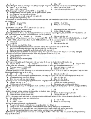 c K = L d MPK = MPL
22/ Hai đường chi phí trung bình ngắn hạn (SAC) và chi phí trung bình dài hạn tiếp xúc với nhau tại sản lượng Q. Vậy tại Q:
a SMC= LMC = SAC = LAC
b SMC= LMC < SAC = LAC
c SMC= LMC > SAC = LAC
d Các trường hợp trên đều có thể
23/ Đường chi phí trung bình ngắn hạn SAC có dạng chữ U do:
a Năng suất tăng dần theo qui mô, sau đó giảm dần theo qui mô
b Lợi thế kinh tế của sản xuất qui mô lớn
c Ảnh hưởng của qui luật năng suất biên giảm dần
d Năng suất trung bình tăng dần
24/ Cho hàm số sản xuất Q = Ka.L1-a. Phương trình biểu diễn tỷ lệ thay thế kỹ thuật biên của yếu tố vốn đối với lao động (thay
thế K bằng L) là:
a |MRTS| = [(1-a)/a]*(K/L)
b |MRTS| = a* (K/L)
c |MRTS| = (1-a)* (K/L)
d Không có câu nào đúng
25/ Cho hàm sản xuất Q = L
K. . Đây là hàm sản xuất có:
a Năng suất không đổi theo qui mô
b Năng suất tăng dần theo qui mô
c Năng suất giảm dần theo qui mô
d Không thể xác định được
26/ Cùng một số vốn đầu tư, nhà đầu tư dự kiến lợi nhuận kế toán của 3 phương án A,B,C, lần lượt là 100 triệu, 50 triệu , 20
triệu, nếu phương án B được lựa chọn thì lợi nhuận kinh tế đạt được là:
a -50 triệu b 50 triệu c 100 triệu d Các câu trên đều sai.
27/ Một doanh nghiệp độc quyền hoàn toàn có hàm chi phí: TC = Q2/10 +400Q +3.000.000, hàm số cầu thị trường có dạng:P
= - Q /20 +2200. Mếu chính phủ đánh thuế là 150đ/sp thì lợi nhuận tối đa của doanh nghiệp này đạt được là :
a 2.400.000
b 1.537.500
c 2.362.500
d Các câu trên đều sai.
28/ Phát biểu nào sau đây không đúng:
a Mức sản lượng tối đa hóa lợi nhuận của doanh nghiệp độc quyền hoàn toàn tại đó P = MC
b Hệ số góc của đường doanh thu biên gấp đôi hệ số góc của đường cầu
c Đường tổng doanh thu của độc quyền hoàn toàn là một hàm bậc 2
d Chính phủ đánh thuế lợi tức đối với doanh nghiệp độc quyền hoàn toàn sẽ làm cho giá và sản lượng không đổi
29/ Trong thị trường độc quyền hoàn toàn, chính phủ quy định giá trần sẽ có lợi cho
a Người tiêu dùng và chính phủ
b Người tiêu dùng
c Người tiêu dùng và doanh nghiệp
d Chính phủ
30/ Trong thị trường độc quyền hoàn toàn, mức sản lượng tối đa hóa lợi nhuận nằm ở phần đường cầu
a Co giãn đơn vị b Co giãn ít c Không co giãn d Co giãn nhiều
31/ Khi chính phủ đánh thuế..........vào doanh nghiệp độc quyền thì người tiêu dùng sẽ trả một mức giá.................
a Theo sản lượng..........không đổi
b Khoán ................cao hơn.
c Theo sản lượng..........thấp hơn
d Các câu trên đều sai.
32/ Một xí nghiệp độc quyền hoàn toàn tối đa hóa lợi nhuận ở mức giá là 20, có hệ số co giãn cầu theo giá là -2, vậy mức sản
lượng tối đa hóa lợi nhuận tại đó có MC :
a 20 b 40 c 10 d Các câu trên đều sai
33/ Trong dài hạn của thị trường độc quyền hoàn toàn ,sản lượng và quy mô sản xuất của doanh nghiệp phụ thuộc vào:
a Nhu cầu thị trường của người tiêu thụ.
b Điều kiện sản xuất của doanh nghiệp.
c Cả a và b đều sai.
d Cả a và b đều đúng
34/ Trong dài hạn của thị trường độc quyền hoàn toàn, xí nghiệp có thể thiết lập quy mô sản xuất:
a Quy mô sản xuất tối ưu
b Nhỏ hơn quy mô sản xuất tối ưu
c Lớn hơn quy mô sản xuất tối ưu
d Các trường hợp trênđều có thể xảy ra
. 35/ Một doanh nghiệp trong thị trường cạnh tranh hoàn toàn có hàm tổng chi phí dài hạn:LTC = Q 2 + 64, mức giá cân bằng
dài hạn:
a 8 b 16 c 64 d 32
36/ Đối với doanh nghiệp, khi tăng sản lượng tổng lợi nhuận bị giảm, cho biết:
a Doanh thu biên nhỏ hơn chi phí biên.
b Doanh thu biên lớn hơn chi phí biên.
c Doanh thu biên bằng chi phí biên.
d Các câu trên đều sai.
37/ Thị trường cạnh tranh hoàn toàn có 200 doanh nghiệp, mỗi doanh nghiệp có hàm chi phí sản xuất ngắn hạn:TC = 10q 2 +
10 q + 450 .Vậy hàm cung ngắn hạn của thị trường:
a P = (Q/10) + 10
b P = 2000 + 4.000 Q
c Q = 100 P - 10
d Không có câu nào dúng
38/ Tìm câu không đúng trong các câu sau đây:
a Trong thị trường cạnh tranh hoàn toàn, xí nghiệp có thể thay đổi giá cả
b Trong dài hạn của thị trường cạnh tranh hoàn toàn các xí nghiệp không có lợi nhuận kinh tế
c Tổng doanh thu của xí nghiệp cạnh tranh hoàn toàn là một đường thẳng xuất phát từ gốc tọa độ
d Mức sản lượng tối đa hóa lợi nhuận của xí nghiệp cạnh tranh hoàn toàn tại đó MC = P
39/ Một doanh nghiệp cạnh tranh hoàn toàn có hàm tổng chi phí TC = 10Q2 +10Q +450, nếu giá trên thị trường là 210đ/sp.
tổng lợi nhuân tối đa là
CuuDuongThanCong.com https://fb.com/tailieudientucntt
 