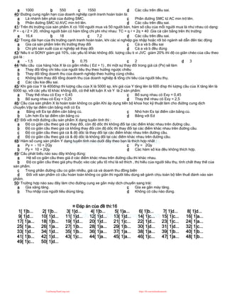 a 1000 b 550 c 1550 d Các câu trên đều sai.
40/ Đường cung ngắn hạn của doanh nghiệp cạnh tranh hoàn toàn là:
a Là nhánh bên phải của đường SMC.
b Phần đường SMC từ AVC min trở lên.
c Phần đường SMC từ AC min trở lên.
d Các câu trên đều sai.
41/ Trên thị trường của sản phẩm X có 100 người mua và 50 người bán, hàm số cầu của mỗi người mua là như nhau có dạng:
P = - q / 2 + 20, những người bán có hàm tổng chi phí như nhau: TC = q 2 + 2q + 40 .Gía cả cân bằng trên thị trường:
a 16,4 b 18 c 7,2 d Các câu trên đều sai.
42/ Trong dài hạn của thị trường cạnh tranh hoàn toàn, khi các xí nghiệp gia nhập hoặc rời bỏ ngành sẽ dẫn đến tác động
a Gía cả sản phẩm trên thị trường thay đổi
b Chi phí sản xuất của xí nghiệp sẽ thay đổi
c Cả a và b đều sai
d Cả a và b đều đúng
43/ Nếu ti vi SONY giảm giá 10%, các yếu tố khác không đổi. lượng cầu ti vi JVC giảm 20% thì độ co giãn chéo của cầu theo
giá là :
a - 1,5 b 0,75 c 2 d 3
44/ Nếu cầu của hàng hóa X là co giãn nhiều ( Ed > 1) , thì một sự thay đổi trong giá cả (Px) sẽ làm
a Thay đổi tổng chi tiêu của người tiêu thụ theo hướng ngược chiều
b Thay đổi tổng doanh thu của doanh nghiệp theo hướng cùng chiều.
c Không làm thay đổi tổng doanh thu của doanh nghiệp & tổng chi tiêu của người tiêu thụ.
d Các câu kia đều sai.
45/ Khi giá của Y là 400đ/sp thì lượng cầu của X là 5000 sp, khi giá của Y tăng lên là 600 đ/sp thì lượng cầu của X tăng lên là
6000 sp, với các yếu tố khác không đổi, có thể kết luận X và Y là 2 sản phẩm:
a Thay thế nhau có Exy = 0,45
b Bổ sung nhau có Exy = 0,25
c Bổ sung nhau có Exy = 0,45
d Thay thế nhau có Exy = 2,5
46/ Cầu của sản phẩm X là hoàn toàn không co giãn.Khi áp dụng tiến bộ khoa học kỹ thuật làm cho đường cung dịch
chuyển.Vậy tại điểm cân bằng mới có Es
a Bằng với Es tại điểm cân bằng củ.
b Lớn hơn Es tại điểm cân bằng củ
c Nhỏ hơn Es tại điểm cân bằng củ.
d Bằng với Ed
47/ Đối với một đường cầu sản phẩm X dạng tuyến tính thì :
a Độ co giãn cầu theo giá cả thay đổi, còn độ dốc thì không đổi tại các điểm khác nhau trên đường cầu.
b Độ co giãn cầu theo giá cả không thay đổi còn độ dốc thì thay đổi tại các điểm khác nhau trên đường cầu.
c Độ co giãn cầu theo giá cả & độ dốc là thay đổi tại các điểm khác nhau trên đường cầu.
d Độ co giãn cầu theo giá cả & độ dốc là không đổi tại các điểm khác nhau trên đường cầu.
48/ Hàm số cung sản phẩm Y dạng tuyến tính nào dưới đây theo bạn là thích hợp nhất :
a Py = - 10 + 2Qy
b Py = 10 + 2Qy
c Py = 2Qy
d Các hàm số kia đều không thích hợp.
49/ Câu phát biểu nào sau đây không đúng:
a Hệ số co giãn cầu theo giá ở các điểm khác nhau trên đường cầu thì khác nhau.
b Độ co giãn cầu theo giá phụ thuộc vào các yếu tố như là sở thích , thị hiếu của người tiêu thụ, tính chất thay thế của
sản phẩm.
c Trong phần đường cầu co giãn nhiều, giá cả và doanh thu đồng biến
d Đối với sản phẩm có cầu hoàn toàn không co giãn thì người tiêu dùng sẽ gánh chịu toàn bộ tiền thuế đánh vào sản
phẩm.
50/ Trường hợp nào sau đây làm cho đường cung xe gắn máy dịch chuyển sang trái:
a Gía xăng tăng.
b Thu nhập của người tiêu diùng tăng.
c Gía xe gắn máy tăng.
d Không có câu nào đúng.
¤ Đáp án của đề thi:16
1[ 1]b... 2[ 1]b... 3[ 1]d... 4[ 1]b... 5[ 1]a... 6[ 1]b... 7[ 1]d... 8[ 1]d...
9[ 1]d... 10[ 1]d... 11[ 1]d... 12[ 1]d... 13[ 1]d... 14[ 1]c... 15[ 1]c... 16[ 1]a...
17[ 1]a... 18[ 1]b... 19[ 1]d... 20[ 1]d... 21[ 1]c... 22[ 1]d... 23[ 1]c... 24[ 1]a...
25[ 1]a... 26[ 1]a... 27[ 1]b... 28[ 1]a... 29[ 1]b... 30[ 1]d... 31[ 1]d... 32[ 1]c...
33[ 1]d... 34[ 1]d... 35[ 1]b... 36[ 1]a... 37[ 1]a... 38[ 1]a... 39[ 1]b... 40[ 1]b...
41[ 1]b... 42[ 1]d... 43[ 1]c... 44[ 1]a... 45[ 1]a... 46[ 1]c... 47[ 1]a... 48[ 1]b...
49[ 1]c... 50[ 1]d...
CuuDuongThanCong.com https://fb.com/tailieudientucntt
 