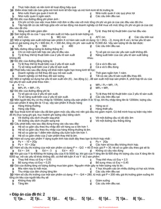 d Thực hiện được và nền kinh tế hoạt động hiệu quả
34/ Điểm khác biệt căn bản giữa mô hình kinh tế hỗn hợp và mô hình kinh tế thị trường là:
a Nhà nước tham gia quản lí kinh tế.
b Nhà nước quản lí ngân sách.
c Nhà nước quản lí các quỷ phúc lợi
d Các câu trên đều sai.
35/ Độ dốc của đường đẳng phí phản ánh :
a Chi phí cơ hội của việc mua thêm một đơn vị đầu vào với mức tổng chi phí và giá cả của các đầu vào đã cho
b Tập hợp tất cả các kết hợp giữa vốn và lao động mà doanh nghiệp có thể mua với mức tổng chi phí và giá cả của các
đầu vào đã cho
c Năng suất biên giảm dần d Tỷ lệ thay thế kỹ thuật biên của hai đầu vào
36/ Sản lượng tối ưu của 1 quy mô sản xuất có hiệu quả là sản lượng có:
a AVC min b MC min c AFC nin d Các câu trên sai
37/ Một xí nghiệp sản xuất một loại sản phẩm X có hàm sản xuất có dạng: Q = 2K(L - 2), trong đó K và L là hai yếu tố sản
xuất có giá tương ứng PK = 600 đvt, PL = 300 đvt, tổng chi phí sản xuất là 15.000 đvt. Vậy sản lượng tối đa đạt được:
a 576 b 560 c 480 d Các câu trên đều sai.
38/ Nếu đường đẳng lượng là đường thẳng thì :
a Chỉ có một cách kết hợp các yếu tố đầu vào.
b Tỷ lệ thay thế kỹ thuật biên của 2 yếu tố sản xuất
không đổi
c Tỷ số giá cả của các yếu sản xụất không đổi.
d Năng suất biên của các yếu tố sản xuất bằng
nhau.
39/ Độ dốc của đường đẳng lượng là:
a Tỷ lệ thay thế kỹ thuật biên của 2 yếu tố sản xuất
b Tỷ số năng suất biên của 2 yếu tố sản xuất
c Cả a và b đều sai.
d Cả a và b đều đúng
40/ Phát biểu nào sau đây đúng với khái niệm ngắn hạn trong kinh tế học:
a Doanh nghiệp có thể thay đổi quy mô sản xuất.
b Doanh nghiệp có thể thay đổi sản lượng.
c Thời gian ngắn hơn 1 năm.
d Tất cả các yếu tố sản xuất đều thay đổi.
41/ Một xí nghiệp sử dụng hai yếu tố sản xuất vốn (K) , lao động (L) , để sản xuất một loại sản phẩm X, phối hợp tối ưu của
hai yếu tố sản xuất phải thỏa mãn :
a K = L
b MPK /PL = MPL / PK
c MPK / PK = MPL / PL
d MPK = MPL
42/ Độ dốc của đường đẳng phí là:
a Tỷ số giá cả của 2 yếu tố sản xuất.
b Tỷ số năng suất biên của 2 yếu tố sản xuất.
c Tỷ lệ thay thế kỹ thuật biên của 2 yếu tố sản xuất.
d Các câu trên đều sai
43/ Một người tiêu thụ có thu nhập là 1000đvt, lượng cầu sản phẩm X là 10 sp, khi thu nhập tăng lên là 1200đvt, lượng cầu
của sản phẩm X tăng lên là 13 sp, vậy sản phẩm X thuộc hàng
a Hàng thông thường.
b Hàng cấp thấp.
c Hàng xa xỉ
d Hàng thiết yếu
44/ Suy thoái kinh tế toàn cầu đã làm giảm mức cầu dầu mỏ nên giá dầu mỏ giảm mạnh. Có thể minh hoạ sự kiện này trên
đồ thị (trục tung ghi giá, trục hoành ghi lượng cầu) bằng cách:
a Vẽ đường cầu dịch chuyển sag phải
b Vẽ đường cầu dịch chuyển sang trái
c Vẽ một đường cầu có độ dốc âm
d Vẽ một đường cầu thẳng đứng
45/ Câu phát biểu nào sau đây đúng trong các câu sau đây:
a Hệ số co giãn cầu theo thu nhập đối với hàng xa xỉ lớn hơn 1.
b Hệ số co giãn cầu theo thu nhập của hàng thông thường là âm.
c Hệ số co giãn tại 1 điểm trên đường cầu luôn luôn lớn hơn 1.
d Hệ số co giãn chéo của 2 sản phẩm thay thế là âm.
46/ Hàm số cung sản phẩm Y dạng tuyến tính nào dưới đây theo bạn là thích hợp nhất :
a Py = - 10 + 2Qy
b Py = 10 + 2Qy
c Py = 2Qy
d Các hàm số kia đều không thích hợp.
47/ Hàm số cầu thị trường của một sản phẩm có dạng P = - Q/2 + 40.Ở mức giá P = 30, hệ số co giãn cầu theo giá sẽ là:
a Ed = - 3/4 b Ed = - 3 c Ed = -4/3 d Không có câu nào đúng
48/ Khi giá của Y là 400đ/sp thì lượng cầu của X là 5000 sp, khi giá của Y tăng lên là 600 đ/sp thì lượng cầu của X tăng lên là
6000 sp, với các yếu tố khác không đổi, có thể kết luận X và Y là 2 sản phẩm:
a Thay thế nhau có Exy = 0,45
b Bổ sung nhau có Exy = 0,25
c Thay thế nhau có Exy = 2,5
d Bổ sung nhau có Exy = 0,45
49/ Giá của đường tăng và lượng đường mua bán giảm. Nguyên nhân gây ra hiện tượng này là do :
a Mía năm nay bị mất mùa.
b Thu nhập của dân chúng tăng lên
c Y học khuyến cáo ăn nhiều đường có hại sức khỏe.
d Các câu trên đều sai
50/ Hàm số cầu thị trường của một sản phẩm có dạng: P = - Q/4 + 280, từ mức giá P = 200 nếu giá thị trường giảm xuống thì
tổng chi tiêu của ngưởi tiêu thụ sẽ
a Không thay đổi
b Tăng lên
c Giảm xuống
d Các câu trên đều sai.
¤ Đáp án của đề thi: 2
1[ 1]a... 2[ 1]c... 3[ 1]d... 4[ 1]c... 5[ 1]d... 6[ 1]d... 7[ 1]a... 8[ 1]c...
CuuDuongThanCong.com https://fb.com/tailieudientucntt
 