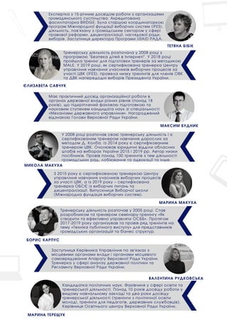 ЄЛИЗАВЕТА САВЧУК
МАРИНА МАКУХА
МИКОЛА МАКУХА
ТЕТЯНА БІБІК
Тренерську діяльність розпочала у 2008 році з
програмою "Безпека дітей в Інтернеті". У 2018 році
пройшла тренінг для підготовки тренерів за методикою
MALE. У 2019 році, як сертифікована тренерка Центру
управління навчання учасників виборчих процесів за
участі ЦВК (IFES), провела низку тренінгів для членів ОВК
та ДВК напередодні виборів Президента України.
У 2008 році розпочав свою тренерську діяльність і є
сертифікованим тренером навчання дорослих за
методом Д. Колба. Із 2014 року є сертифікованим
тренером ЦВК. Очолював юридичні відділи обласних
штабів на виборах України 2015 і 2019 рр. Автор низки
посібників. Провів понад 100 тренінгів з тем діяльності
громадських рад, лобіювання та адвокації та інше.
З 2015 року є сертифікованою тренеркою Центру
управління навчання учасників виборчих процесів
за участі ЦВК, а із 2019 року – сертифікована
тренерка ОБСЄ із виборчих питань та
децентралізації. Випускниця Виборчої школи
(Міжнародна фундація виборчих систем).
Експертка з 15-річним досвідом роботи з організаціями
громадянського суспільства. Акредитована
фасилітаторка BRIDGE. Була старшою координаторкою
програм Міжнародної фундації виборчих систем (IFES),
діяльність, пов'язану з громадським сектором у сфері
правової реформи, децентралізації, наглядової ради,
виборів. Заступниця директора Програми USAID РАДА.
МАКСИМ БУДНИК
Має практичний досвід організаційної роботи в
органах державної влади різних рівнів (понад 18
років), що підкріплений фаховою підготовкою та
науковим ступенем кандидата наук зі спеціальності
«Механізми державного управління». Нагороджений
відзнакою Голови Верховної Ради України.
БОРИС КАРПУС
Тренерську діяльність розпочав у 2005 році. Став
розробником та тренером семінару-тренінгу «Як
створити та ефективно управляти ОСББ». Протягом
2017-2019 року організував та провів ряд тренінгів на
тему «Техніка публічного виступу» для представників
громадських організацій та бізнес структур.
ВАЛЕНТИНА РУДКОВСЬКА
Заступниця Керівника Управління по зв'язках з
місцевими органами влади і органами місцевого
самоврядування Апарату Верховної Ради України.
Тренерка у сфері аналізу державної політики та
Регламнту Верховної Ради України.
МАРИНА ТЕРЕЩУК
Кандидатка політичних наук. Фахівчиня у сфері освіти та
тренерської діяльності. Понад 10 років досвіду роботи у
вищому навчальному закладі та два роки досвіду
тренерської діяльності (тренінги з політичної освіти
молоді, тренінги для педагогів, державних службовців).
Керівниця Освітнього центру Верховної Ради України.
 