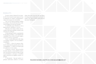 trends research center fashion trend report 2014 133micro > revivalism
insights
As peças contam a história do seu passa-
do. Por vezes ícones de outras épocas servem
de inspiração aos criadores contemporâneos,
outras vezes as peças são reinventadas.
Por vezes são apenas pequenos detalhes
do vestuário e dos acessórios que dão os indí-
cios da elegância de uma época passada.
O consumidor quer relacionar-se com a
história da peça, identificar-se com ela.
Uma peça com estória é muitas vezes as-
sociada a uma maior qualidade, atuando como
elemento de certificação.
A ideia principal consiste na apropriação
de uma ideia revivalista e a sua tradução para
a atualidade! Não se deixe levar pelo exagero,
exceto no conceito e na narrativa.
A arte e a moda influenciam estilo.Aqui,
o revivalismo responde a três necessidades e
mentalidades:
1º Espaço – o facto de estarmos rodea-
dos de acontecimentos passados pode nos dar
a tranquilidade e o conforto necessários para
nos sentirmos no nosso espaço.
2º Emoções e vivência – indo ao encontro
do ponto anterior, a nossa sanidade mental e
bem-estar advêm em muito do espaço em que
nos acomodamos e, como tal, o revivalismo
ajuda a potenciar um equilíbrio mental e es-
piritual.
3º Desconexão – Seja por motivos es-
pirituais, intelectuais, artísticos, ou outros,
muitos observam a sua casa como um espaço
de relaxamento e de desconexão do resto do
mundo. Um estilo revivalista pode potenciar
uma maior introspeção.
Documento licenciado a Joao PA com o email joao.peres@ayrww.com
 