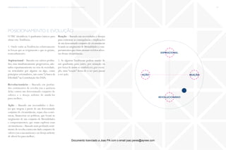 trends research center fashion trend report 2014 37macro > connection, convergence & ergonomics
revolucionário
reação
aspiracional
ação
posicionamento e evolução
O TRC identificou 4 quadrantes básicos para
situar esta Tendência:
1. Onde estão as Tendências relativamente
às forças que as originaram e que as guiam,
nomeadamente:
Aspiracional – Baseado em valores profun-
dos, mas simultaneamente progressivos, ado-
tados espontaneamente no seio da sociedade,
ou articulados por alguém ou algo, como
princípios orientadores, tais como “a busca da
felicidade” na Constituição dos EUA;
Revolucionário – Baseado em profun-
dos sentimentos de revolta (ou a ausência
dela) contra um determinado conjunto de
valores e o desejo ardente de mudá-los
para melhor;
Ação – Baseado nas necessidades e dese-
jos que surgem a partir de um determinado
conjunto de circunstâncias, sejam elas econó-
micas, financeiras ou políticas, que levam ao
surgimento de um conjunto de Mentalidades
e comportamentos, que visam explorar essas
circunstâncias – Baseado num profundo senti-
mento de revolta contra um dado conjunto de
valores (ou a sua ausência) e ao desejo ardente
de alterá-los para melhor;
Reação – Baseado nas necessidades e desejos
para contrariar as consequências e implicações
de um determinado conjunto de circunstâncias
levando ao surgimento de Mentalidades e com-
portamentos que visam atenuar os feitos adver-
sos dessas circunstâncias.
2. Se algumas Tendências podem mudar de
um quadrante para outro, por mutação ou
por força de assim se estabelecer; por exem-
plo, uma “reação” deixa de o ser para passar
a ser ação.
Documento licenciado a Joao PA com o email joao.peres@ayrww.com
 