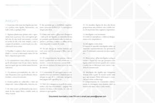trends research center fashion trend report 2014 42macro > connection, convergence & ergonomics
14. Os utensílios digitais do dia a dia devem
proporcionar uma simbiose com a minha roti-
na,de uma forma clara,orgânica e ergonómica.
15. Interligado e em movimento
As vendas de smartphones e tablets já ultrapas-
saram as de computadores.
16. Interligado a toda a hora
O número de aparelhos interligados online vai
aumentar exponencialmente nos próximos 8
anos.E continuará a aumentar nos anos seguin-
tes.
17. Meios online e offline interligados working in
tandem: o digital faz com que possamos estar
ligados à Internet mesmo quando não o estamos
e acaba com as diferenças entre meios e mo-
delos de remuneração.
18. Interligado não significa que consigamos
alcançar toda a gente do mesmo modo onde
quer que estejam: Filtrar informação é essen-
cial para evitar a sobrecarga.
O comportamento do consumidor relativa-
mente às mensagens varia bastante entre os
motores de busca, sites e redes sociais.
insights
1.As pessoas estão mais interligadas que nun-
ca e podem estar ligadas, basicamente, em
todo o lado, a qualquer hora.
2. Algumas plataformas globais estão a apro-
ximar mais as pessoas. Esta convergência glo-
bal está, de um modo interessante, a tornar
as tarefas do dia a dia mais simples, como a
compra de produtos, a conversação ou a des-
coberta de novas coisas.
3. Partilhar é a palavra-chave nesta nova rea-
lidade e o acesso a informação nunca foi tão
fácil e disponível para todos.
4. Os consumidores estão a filtrar a sobrecar-
ga de informação mais do que nunca.Apenas
querem aquilo que necessitam numa determi-
nada hora.
5. Os anúncios personalizados são cada vez
mais frequentes com a geolocalização, intera-
tividade e outras ferramentas.
6. Eventos podem ser conhecidos e vistos em
tempo real – como os flash mobs,concertos,etc.
7. As vidas social e profissional já não neces-
sitam de um espaço físico, criando assim os
Urban Nomads.
8. Isto permitiu que a mobilidade impulsio-
nasse o processo daWeb 3.0 –A convergência
chegou para ficar.
9.A linha entre online e offline está a dissipar-se
– tudo pode ser digitado, os conteúdos devem
ser pensados para formatos cada vez mais pe-
quenos e, portanto, o online e o offline devem
estar integrados no ponto de venda.
10. Eu não navego da mesma maneira que
você, nem você do seu amigo e filho, e por aí
em diante.
11. O comportamento das pessoas relativa-
mente à publicidade nas redes sociais não é o
mesmo – a nível de interesse e recetividade –
que têm em motores de busca ou ao ler sites
de notícias.
12.A transmissão de mensagens para o con-
sumidor deve ser estudada e adaptada para se
adequar ao que ele é – televisão, navegador,
uma página web específica, etc.
13.Tudo deve adequar-se ao perfil do consu-
midor e das suas necessidades – páginas Web,
motores de busca, redes sociais, etc. sem ser
intrusivo e perseguidor.
Documento licenciado a Joao PA com o email joao.peres@ayrww.com
 