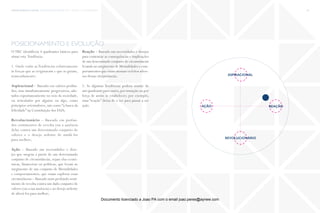 trends research center fashion trend report 2014 45macro > ecosustainability
revolucionário
reação
aspiracional
ação
posicionamento e evolução
O TRC identificou 4 quadrantes básicos para
situar esta Tendência:
1. Onde estão as Tendências relativamente
às forças que as originaram e que as guiam,
nomeadamente:
Aspiracional – Baseado em valores profun-
dos, mas simultaneamente progressivos, ado-
tados espontaneamente no seio da sociedade,
ou articulados por alguém ou algo, como
princípios orientadores, tais como “a busca da
felicidade” na Constituição dos EUA;
Revolucionário – Baseado em profun-
dos sentimentos de revolta (ou a ausência
dela) contra um determinado conjunto de
valores e o desejo ardente de mudá-los
para melhor;
Ação – Baseado nas necessidades e dese-
jos que surgem a partir de um determinado
conjunto de circunstâncias, sejam elas econó-
micas, financeiras ou políticas, que levam ao
surgimento de um conjunto de Mentalidades
e comportamentos, que visam explorar essas
circunstâncias – Baseado num profundo senti-
mento de revolta contra um dado conjunto de
valores (ou a sua ausência) e ao desejo ardente
de alterá-los para melhor;
Reação – Baseado nas necessidades e desejos
para contrariar as consequências e implicações
de um determinado conjunto de circunstâncias
levando ao surgimento de Mentalidades e com-
portamentos que visam atenuar os feitos adver-
sos dessas circunstâncias.
2. Se algumas Tendências podem mudar de
um quadrante para outro,por mutação ou por
força de assim se estabelecer; por exemplo,
uma “reação” deixa de o ser para passar a ser
ação.
Documento licenciado a Joao PA com o email joao.peres@ayrww.com
 