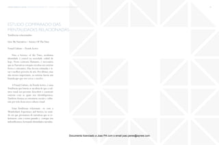 trends research center fashion trend report 2014 65macro > wonderland, experience & stories
estudo comparado das
mentalidades relacionadas
Tendências relacionadas:
Give Me Narratives – Science Of TheTime
Visual Culture –TrendsActive
Para a Science of the Time, nenhuma
identidade é estável na sociedade volátil de
hoje. Neste contexto flutuante, é necessário
que as Narrativas estejam envoltas em estórias
fortes e cativantes. Elas devem estimular e ti-
rar o melhor proveito de nós. Por último, mas
não menos importante, as estórias fazem um
brandscape que nos cerca e envolve .
AVisual Culture, daTrendsActive, é uma
Tendência que baseia-se na ideia de que a cul-
tura visual nos permite descobrir e construir
estórias com as quais nos identifiquemos.
Também destaca as estruturas sociais e cultu-
rais por trás dessa nova cultura visual.
Estas Tendências relacionam –se com a
Wonderland, Experience and Stories, no senti-
do em que precisamos de narrativas que se re-
lacionem- com o nosso passado e comque nos
indentificamos,formando identidades narradas.
Documento licenciado a Joao PA com o email joao.peres@ayrww.com
 