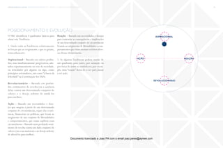trends research center fashion trend report 2014 66macro > wonderland, experience & stories
revolucionário
reação
aspiracional
ação
posicionamento e evolução
O TRC identificou 4 quadrantes básicos para
situar esta Tendência:
1. Onde estão as Tendências relativamente
às forças que as originaram e que as guiam,
nomeadamente:
Aspiracional – Baseado em valores profun-
dos, mas simultaneamente progressivos, ado-
tados espontaneamente no seio da sociedade,
ou articulados por alguém ou algo, como
princípios orientadores, tais como “a busca da
felicidade” na Constituição dos EUA;
Revolucionário – Baseado em profun-
dos sentimentos de revolta (ou a ausência
dela) contra um determinado conjunto de
valores e o desejo ardente de mudá-los
para melhor;
Ação – Baseado nas necessidades e dese-
jos que surgem a partir de um determinado
conjunto de circunstâncias, sejam elas econó-
micas, financeiras ou políticas, que levam ao
surgimento de um conjunto de Mentalidades
e comportamentos, que visam explorar essas
circunstâncias – Baseado num profundo senti-
mento de revolta contra um dado conjunto de
valores (ou a sua ausência) e ao desejo ardente
de alterá-los para melhor;
Reação – Baseado nas necessidades e desejos
para contrariar as consequências e implicações
de um determinado conjunto de circunstâncias
levando ao surgimento de Mentalidades e com-
portamentos que visam atenuar os feitos adver-
sos dessas circunstâncias.
2. Se algumas Tendências podem mudar de
um quadrante para outro, por mutação ou
por força de assim se estabelecer; por exem-
plo, uma “reação” deixa de o ser para passar
a ser ação.
Documento licenciado a Joao PA com o email joao.peres@ayrww.com
 
