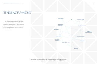 trends research center fashion trend report 2014 73micro
hyperbolic
minimalism
reuse and be
responsible
popnography
revivalism
structuralism
symbolic
personnalisation
multijumping
beyond design
cool digitalization
beautiful authority
a taste of luxury
from geek to cool
diy
tendências micro
As Tendências Micro afetam um núme-
ro mais reduzido de setores e indivíduos.
Possuem, habitualmente, uma natureza
regional ou nacional, mas podem também
refletir mudanças num setor ou comporta-
mento específicos.
Documento licenciado a Joao PA com o email joao.peres@ayrww.com
 