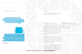 trends research center fashion trend report 2014 91micro > cool digitalization
O que é?
Por que razão é cool? Tendências relacionadas
Everpurse, de Elizabeth Ormesher, uma bolsa
que recarrega aparelhos eletrónicos.
1.A Erverpurse tem um sistema que recarrega
aparelhos eletrónicos como o iPhone ou outros
aparelhos do sistema Android, sendo apenas
necessário inserir o gadget no seu interior. Fa-
bricada em tecido ou em couro, a bolsa recar-
rega-se através de uma base que não necessita
de fios e que permite carregar a bateria por
completo até duas vezes no mesmo dia.
2. Com um aspeto final simples, atrativo e
disponível em vários modelos e cores, este
acessório interessa não apenas por ser uma
representação atrativa da marca, mas também
pelo seu fator tecnológico diferenciador e
inovador que se alia à Moda.
3. Confere essencialmente ao público do
sexo feminino (ao qual este objeto é direcio-
nado) a segurança de ter sempre o seu tele-
móvel ou gadget em funcionamento, evitan-
do que este fique sem bateria nos momentos
em que mais é necessário.
Connection, Convergence & Ergonomics
(Macro)
Beyond Design (Micro)
manifestações
fonte
Everpurse
Documento licenciado a Joao PA com o email joao.peres@ayrww.com
 