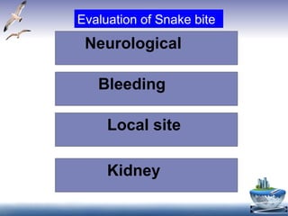 Evaluation of Snake bite
Neurological
Local site
Bleeding
Kidney
 