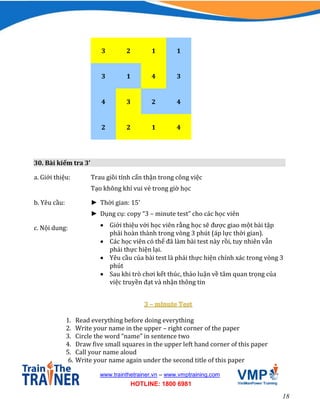 18
www.trainthetrainer.vn – www.vmptraining.com
HOTLINE: 1800 6981
3 2 1 1
3 1 4 3
4 3 2 4
2 2 1 4
30. Bài kiểm tra 3’
a. Giới thiệu: Trau giồi tính cẩn thận trong công việc
Tạo không khí vui vẻ trong giờ học
b. Yêu cầu: ► Thời gian: 15’
► Dụng cụ: copy “3 – minute test” cho các học viên
c. Nội dung:  Giới thiệu với học viên rằng học sẽ được giao một bài tập
phải hoàn thành trong vòng 3 phút (áp lực thời gian).
 Các học viên có thể đã làm bài test này rồi, tuy nhiên vẫn
phải thực hiện lại.
 Yêu cầu của bài test là phải thực hiện chính xác trong vòng 3
phút
 Sau khi trò chơi kết thúc, thảo luận về tâm quan trọng của
việc truyền đạt và nhận thông tin
1. Read everything before doing everything
2. Write your name in the upper – right corner of the paper
3. Circle the word “name” in sentence two
4. Draw five small squares in the upper left hand corner of this paper
5. Call your name aloud
6. Write your name again under the second title of this paper
 