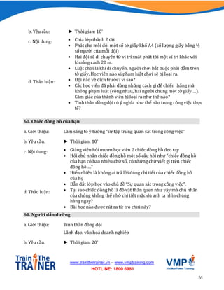 36
www.trainthetrainer.vn – www.vmptraining.com
HOTLINE: 1800 6981
b. Yêu cầu: ► Thời gian: 10’
c. Nội dung:  Chia lớp thành 2 đội
 Phát cho mỗi đội một số tờ giấy khổ A4 (số lượng giấy bằng ½
số người của mỗi đội)
 Hai đội sẽ di chuyển từ vị trí xuất phát tới một ví trí khác với
khoảng cách 20 m.
 Luật chơi là khi di chuyển, người chơi bắt buộc phải dẫm trên
tờ giấy. Học viên nào vi phạm luật chơi sẽ bị loại ra.
d. Thảo luận:  Đội nào về đích trước? vì sao?
 Các học viên đã phải dùng những cách gì để chiến thắng mà
không phạm luật (cõng nhau, hai người chung một tờ giấy …).
Cảm giác của thành viên bị loại ra như thế nào?
 Tinh thần đồng đội có ý nghĩa như thế nào trong công việc thực
tế?
60. Chiếc đồng hồ của bạn
a. Giới thiệu: Làm sáng tỏ ý tưởng “sự tập trung quan sát trong công việc”
b. Yêu cầu: ► Thời gian: 10’
c. Nội dung:  Giảng viên hỏi mượn học viên 2 chiếc đồng hồ đeo tay
 Hỏi chủ nhân chiếc đồng hồ một số câu hỏi như “chiếc đồng hồ
của bạn có bao nhiêu chữ số, có những chữ viết gì trên chiếc
đồng hồ …”
 Hiển nhiên là không ai trả lời đúng chi tiết của chiếc đồng hồ
của họ
 Dẫn dắt lớp học vào chủ đề “Sự quan sát trong công việc”.
d. Thảo luận:  Tại sao chiếc đồng hồ là đồ vật thân quen như vậy mà chủ nhân
của chúng không thể nhớ chi tiết mặc dù anh ta nhìn chúng
hàng ngày?
 Bài học nào được rút ra từ trò chơi này?
61. Người dẫn đường
a. Giới thiệu: Tinh thần đồng đội
Lãnh đạo, văn hoá doanh nghiệp
b. Yêu cầu: ► Thời gian: 20’
 