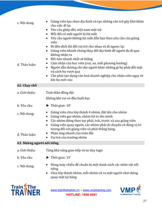 37
www.trainthetrainer.vn – www.vmptraining.com
HOTLINE: 1800 6981
c. Nội dung:  Giảng viên lựa chọn địa hình và tạo những cản trở gây khó khăn
cho việc đi lại
 Yêu câu ghép đôi, một nam một nữ
 Mỗi đôi có một người bị bịt mắt
 Yêu cầu người không bịt mắt dẫn bạn theo yêu cầu của giảng
viên
 Đi đến đích thì đổi vai trò cho nhau và đi ngược lại
 Giảng viên nhanh chóng thay đổi địa hình để người đa đi qua
không nhận ra
 Đôi nào nhanh nhất sẽ thắng.
d. Thảo luận:  Cảm nhận của học viên (vui, sợ, mất phương hướng)
 Người dẫn đường chỉ cho người khác những gì họ phải đối mặt
và cách họ vượt qua
 Cần phải tạo dựng văn hoá doanh nghiệp cho nhân viên ngay từ
khi họ mới vào
62. Chạy chỗ
a. Giới thiệu: Tinh thần đồng đội
Không khí vui vẻ đầu buổi học
b. Yêu cầu: ► Thời gian: 10’
c. Nội dung:  Giảng viên chia lớp thành 4 nhóm, đặt tên cho nhóm
 Giảng viên gọi nhóm, nhóm hô to tên mình
 Các nhóm đứng theo tay phải, trái, trước và sau giảng viên
 Giảng viên quay người, các nhóm phải di chuyển về đúng vị trí
tương đối với giảng viên và phải thẳng hàng.
d. Thảo luận:  Phản ứng nhanh của toàn đội
 Vai trò của trưởng nhóm
63. Những người nổi tiếng
a. Giới thiệu: Tăng khả năng giao tiếp và tư duy logic
b. Yêu cầu: ► Thời gian: 15’
c. Nội dung:  Dùng máy chiếu để chuẩn bị một danh sách các nhân vật nổi
tiếng
 Chia lớp thành nhóm, mỗi nhóm cử ra một người chơi dứng
quay mặt lại bảng
 