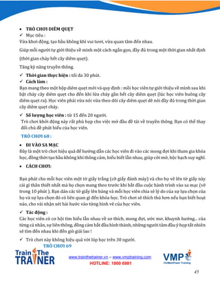 45
www.trainthetrainer.vn – www.vmptraining.com
HOTLINE: 1800 6981
 TRÒ CHƠI DIÊM QUẸT
 Mục tiêu :
Vừa khơi động, tạo bầu không khí vui tươi, vừa quan tâm đến nhau.
Giúp mỗi người tự giới thiệu về mình một cách ngắn gọn, đầy đủ trong một thời gian nhất định
(thời gian cháy hết cây diêm quẹt).
Tăng kỳ năng truyền thông.
 Thời gian thực hiện : tối đa 30 phút.
 Cách làm :
Bạn mang theo một hộp diêm quẹt mới và quy định : mồi học viên tự giới thiệu về mình sau khi
bật cháy cây diêm quẹt cho đến khi lửa cháy gần hết cây diêm quẹt (lúc học viên buông cây
diêm quẹt ra). Học viên phải vừa nói vừa theo dõi cây diêm quẹt dê nói đầy đủ trong thời gian
cây diêm quẹt cháy.
 Số lượng học viên : từ 15 đến 20 người.
Trò chơi khởi động này rất phù họp cho việc mở đầu đề tài về truyền thông. Bạn có thể thay
đổi chủ đề phát biểu của học viên.
TRÒ CHƠI 68 :
 ĐI VÀO SA MẠC
Đây là một trò chơi hiệu quả để hướng dẫn các học viên đi vào các mong đợi khi tham gia khóa
học, đồng thời tạo bầu không khí thông cảm, hiểu biết lẫn nhau, giúp cởi mở, bộc bạch suy nghĩ.
 CÁCH CHƠI:
Bạn phát cho mỗi học viên một tờ giấy trắng (cỡ giấy đánh máy) và cho họ vẽ lên tờ giấy này
cái gì thân thiết nhất mà họ chọn mang theo trước khi bắt đầu cuộc hành trình vào sa mạc (vẽ
trong 10 phút ). Bạn dán các tờ giấy lên bảng và mỗi học viên chia sẻ lý do của sự lựa chọn của
họ và sự lựa chọn đó có liên quan gì đến khóa học. Trò chơi sẽ thích thú hơn nếu bạn biết hoạt
náo, cho vài nhận xét hài hước vào từng hình vẽ của học viên.
 Tác động :
Các học viên có cơ hội tìm hiểu lẫn nhau về sơ thích, mong đợi, ước mơ, khuynh hướng... của
từng cá nhân, sự liên thông, đồng cảm bắt đầu hình thành, những người tâm đầu ý họp tất nhiên
sẽ tìm đến nhau khi đến giò giải lao !
 Trò chơi này không hiệu quả với lóp học trên 30 người.
TRÒ CHƠI 69
 