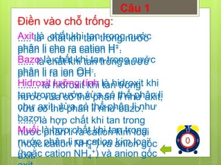 Câu 1 
1234567891012345678910123456789 
Điền vào chỗ trống: 
..... là chất khi tan trong nước 
phân li cho ra cation H+. 
...... là chất khi tan trong nước 
phân li ra ion OH-. 
........ là hidroxit khi tan trong 
nước vừa có thể phân li như axit, 
vừa có thể phân li như bazơ. 
....... là hợp chất khi tan trong 
nước phân li ra cation kim loại 
(hoặc cation NH4 
Axit là chất khi tan trong nước 
phân li cho ra cation H+. 
Bazơ là chất khi tan trong nước 
phân li ra ion OH-. 
Hidroxit lưỡng tính là hidroxit khi 
tan trong nước vừa có thể phân li 
như axit, vừa có thể phân li như 
bazơ. 
Muối là hợp chất khi tan trong 
nước phân li ra cation +) và anion kim loại 
gốc 
(hoặc cation NH4 
axit. 
+) và anion gốc 
axit. 
 