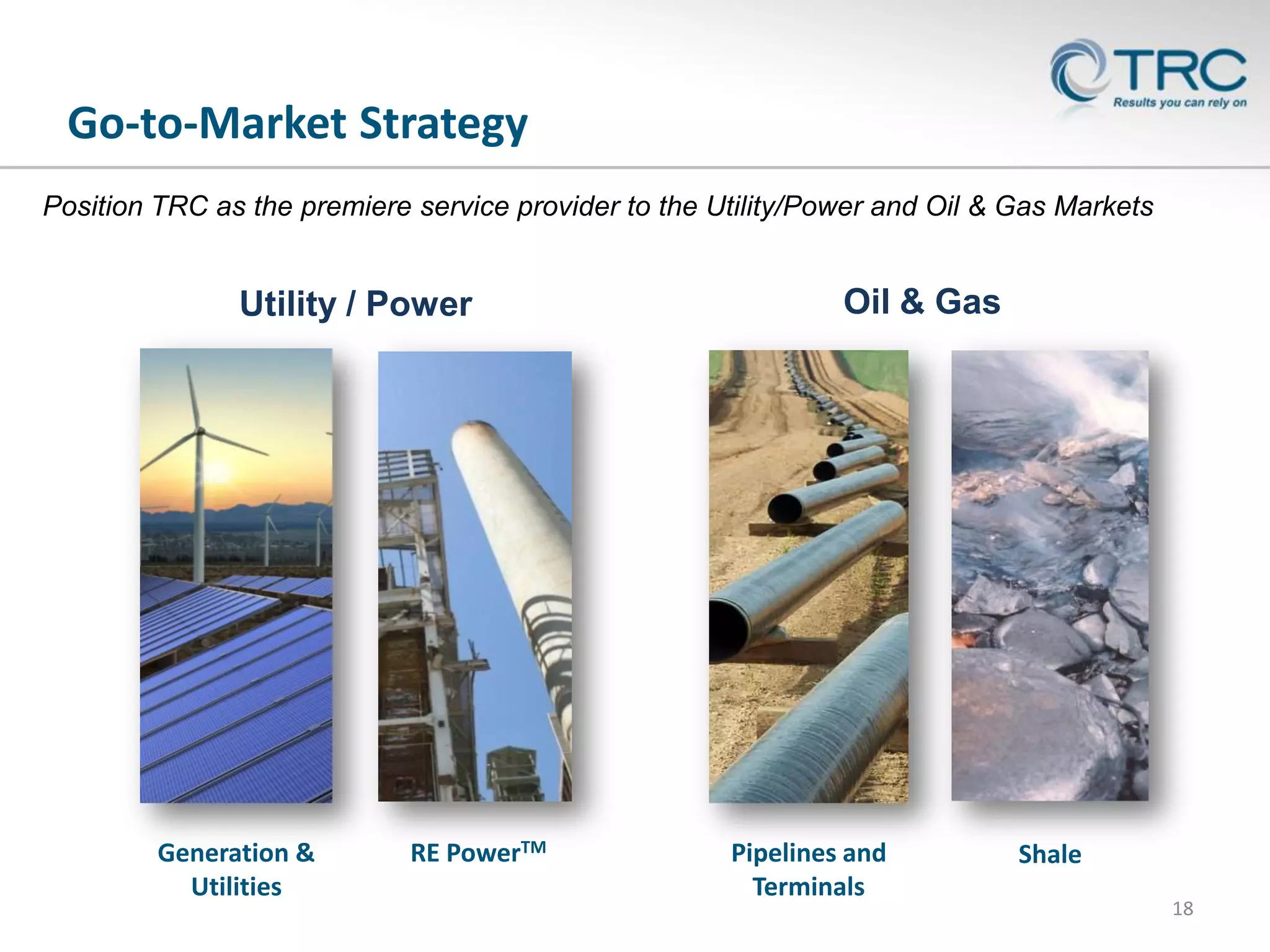 Go-to-Market Strategy
Position TRC as the premiere service provider to the Utility/Power and Oil & Gas Markets

Utility / Power

Generation &
Utilities

RE PowerTM

Oil & Gas

Pipelines and
Terminals

Shale
18

 