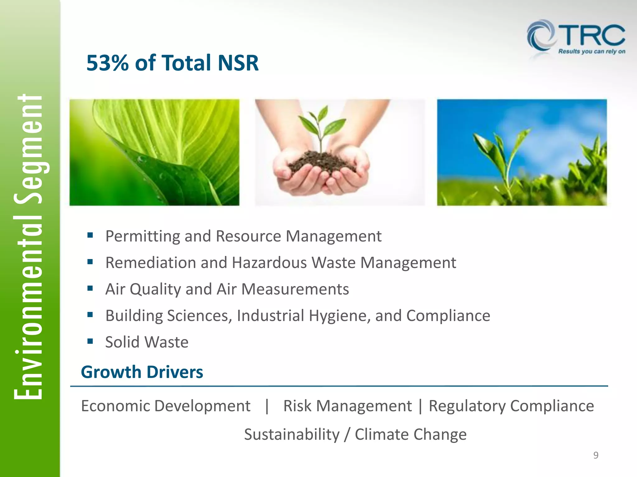 Environmental Segment

53% of Total NSR







Permitting and Resource Management
Remediation and Hazardous Waste Management
Air Quality and Air Measurements
Building Sciences, Industrial Hygiene, and Compliance
Solid Waste

Growth Drivers
Economic Development | Risk Management | Regulatory Compliance
Sustainability / Climate Change
9

 
