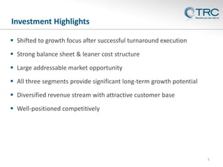 Investment Highlights
 Shifted to growth focus after successful turnaround execution

 Strong balance sheet & leaner cost structure
 Large addressable market opportunity
 All three segments provide significant long-term growth potential
 Diversified revenue stream with attractive customer base
 Well-positioned competitively

5

 