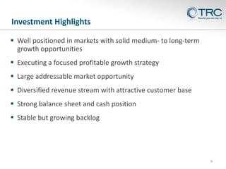Investment Highlights
 Well positioned in markets with solid medium- to long-term
growth opportunities

 Executing a focused profitable growth strategy
 Large addressable market opportunity
 Diversified revenue stream with attractive customer base

 Strong balance sheet and cash position
 Stable but growing backlog

4

 