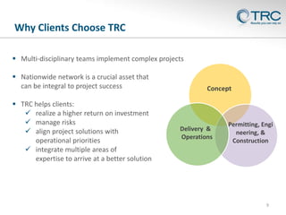 Why Clients Choose TRC
 Multi-disciplinary teams implement complex projects
 Nationwide network is a crucial asset that
can be integral to project success
 TRC helps clients:
 realize a higher return on investment
 manage risks
 align project solutions with
operational priorities
 integrate multiple areas of
expertise to arrive at a better solution

Concept

Delivery &
Operations

Permitting, Engi
neering, &
Construction

9

 