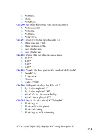 S.V N.Huỳnh Thịnh (N9) – Đại học Võ Trƣờng Toản (khoa Y)
114
B. Axit lactic.
C. Etylic.
D. Acetyl CoA.
Câu 200: Sản phẩm đầu tiên tạo ra từ chu trình Krebs là
A. Axit oxaloacetic.
B. Axit citric.
C. Axit lactic.
D. Axit pyruvic.
Câu 201: Chuỗi truyền điện tử hô hấp diễn ra ở
A. Màng trong của ty thể.
B. Màng ngoài của ty thể.
C. Lƣới nội chất trơn.
D. Lƣới nội chất hạt.
Câu 202: Đƣờng phân một phân tử glucose tạo ra
A. 38 ATP.
B. 4 ATP.
C. 2 ATP.
D. 1 ATP.
Câu 203: Nguyên liệu tham gia trực tiếp vào chu trình Krebs là?
A. Acetyl CoA.
B. Axit pyruvic.
C. Glucose.
D. NADH, FADH.
Câu 204: Hô hấp nội bào đƣợc thực hiện nhờ ?
A. Sự có mặt của phân tử H2.
B. Sự có mặt của phân tử CO2.
C. Vai trò xúc tác của enzyme hô hấp.
D. Vai trò của các phân tử ATP.
Câu 205: Loại tế bào nào chứa bộ NST lƣỡng bội?
A. Tế bào hợp tử.
B. Tế bào phôi, tế bào giao tử.
C. Tế bào sinh dƣỡng.
D. Tế bào hợp tử, phôi, sinh dƣỡng.
 