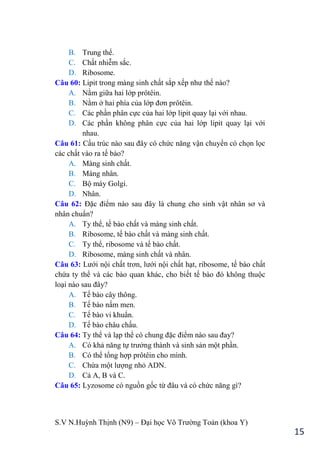 S.V N.Huỳnh Thịnh (N9) – Đại học Võ Trƣờng Toản (khoa Y)
15
B. Trung thể.
C. Chất nhiễm sắc.
D. Ribosome.
Câu 60: Lipit trong màng sinh chất sắp xếp nhƣ thế nào?
A. Nằm giữa hai lớp prôtêin.
B. Nằm ở hai phía của lớp đơn prôtêin.
C. Các phần phân cực của hai lớp lipit quay lại với nhau.
D. Các phần không phân cực của hai lớp lipit quay lại với
nhau.
Câu 61: Cấu trúc nào sau đây có chức năng vận chuyển có chọn lọc
các chất vào ra tế bào?
A. Màng sinh chất.
B. Màng nhân.
C. Bộ máy Golgi.
D. Nhân.
Câu 62: Đặc điểm nào sau đây là chung cho sinh vật nhân sơ và
nhân chuẩn?
A. Ty thể, tế bào chất và màng sinh chất.
B. Ribosome, tế bào chất và màng sinh chất.
C. Ty thể, ribosome và tế bào chất.
D. Ribosome, màng sinh chất và nhân.
Câu 63: Lƣới nội chất trơn, lƣới nội chất hạt, ribosome, tế bào chất
chứa ty thể và các bào quan khác, cho biết tế bào đó không thuộc
loại nào sau đây?
A. Tế bào cây thông.
B. Tế bào nấm men.
C. Tế bào vi khuẩn.
D. Tế bào châu chấu.
Câu 64: Ty thể và lạp thể có chung đặc điểm nào sau đay?
A. Có khả năng tự trƣởng thành và sinh sản một phần.
B. Có thể tổng hợp prôtêin cho mình.
C. Chứa một lƣợng nhỏ ADN.
D. Cả A, B và C.
Câu 65: Lyzosome có nguồn gốc từ đâu và có chức năng gì?
 