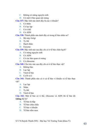 S.V N.Huỳnh Thịnh (N9) – Đại học Võ Trƣờng Toản (khoa Y)
63
C. Không có màng nguyên sinh
D. Có một ít bào quan nội màng
Câu 337: Đặc tính nào dƣới đây là của vi khuẩn?
A. Có nhân
B. Có lục lạp
C. Có ti thể
D. Có ADN
Câu 338: Thành phần nào dƣới đây có trong tế bào nhân sơ?
A. Bộ máy Golgi
B. Ty thể
C. Hạch nhân
D. Enzyme
Câu 339: Đặc tính nào sau đây chỉ có ở tế bào chân hạch?
A. Có màng nguyên sinh
B. Có ADN
C. Có các bào quan có màng
D. Có ribosome
Câu 340: Cấu trúc nào sau đây chỉ có ở tế bào thực vật?
A. Không bào
B. Lục lạp
C. Vách tế bào
D. Cả B và C
Câu 341: Thành phần nào có ở cả tế bào vi khuẩn và tế bào thực
vật?
A. Lục lạp
B. Nhân
C. Ty thể
D. Vách tế bào
Câu 342: Một tế bào có ti thể, ribosome và ADN thì tế bào đó
không thể là?
A. Tế bào lá bắp
B. Tế bào châu chấu
C. Tế bào vi khuẩn
D. Tế bào nấm men
 