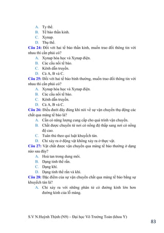 S.V N.Huỳnh Thịnh (N9) – Đại học Võ Trƣờng Toản (khoa Y)
83
A. Ty thể.
B. Tế bào thần kinh.
C. Xynap.
D. Thụ thể.
Câu 24: Đối với hai tế bào thần kinh, muốn trao đổi thông tin với
nhau thì cần phải có?
A. Xynap hóa học và Xynap điện.
B. Các cầu nối tế bào.
C. Kênh dẫn truyền.
D. Cả A, B và C.
Câu 25: Đối với hai tế bào bình thƣờng, muốn trao đổi thông tin với
nhau thì cần phải có?
A. Xynap hóa học và Xynap điện.
B. Các cầu nối tế bào.
C. Kênh dẫn truyền.
D. Cả A, B và C.
Câu 26: Điều đƣới đây đúng khi nói về sự vận chuyển thụ động các
chất qua màng tế bào là?
A. Cần có năng lƣợng cung cấp cho quá trình vận chuyển.
B. Chất đƣợc chuyển từ nơi có nồng độ thấp sang nơi có nồng
độ cao.
C. Tuân thủ theo qui luật khuyếch tán.
D. Chỉ xảy ra ở động vật không xảy ra ở thực vật.
Câu 27: Vật chất đƣợc vận chuyển qua màng tế bào thƣờng ở dạng
nào sau đây?
A. Hoà tan trong dung môi.
B. Dạng tinh thể rắn.
C. Dạng khí.
D. Dạng tinh thể rắn và khí.
Câu 28: Đặc điểm của sự vận chuyển chất qua màng tế bào bằng sự
khuyếch tán là?
A. Chỉ xảy ra với những phân tử có đƣờng kính lớn hơn
đƣờng kính của lỗ màng.
 