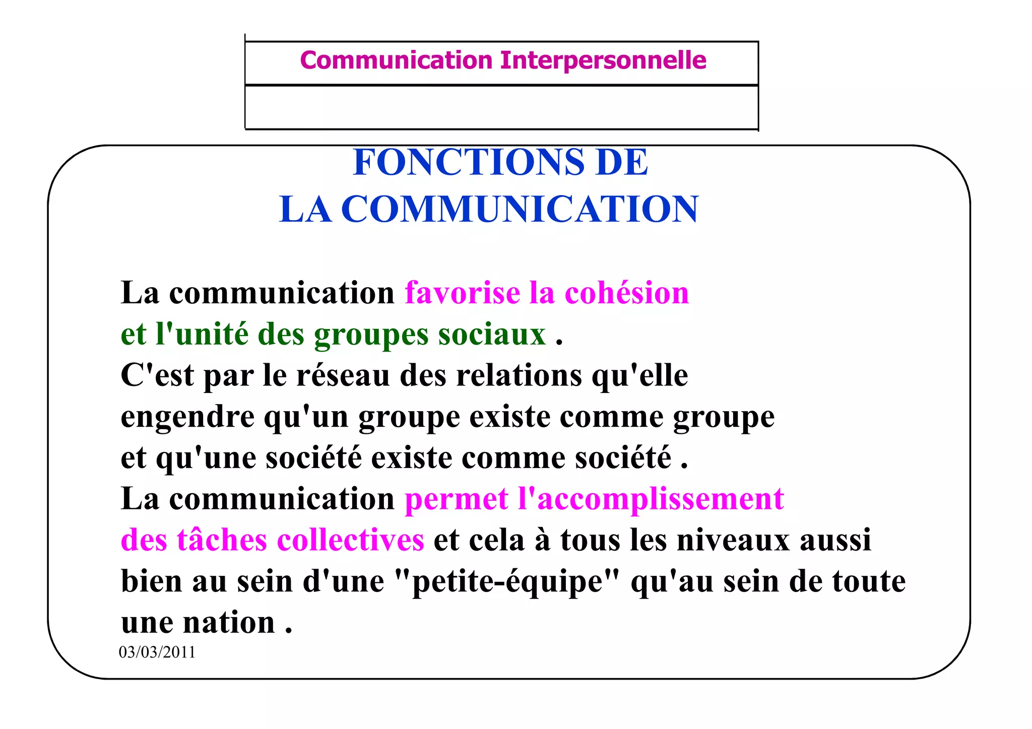 ‫مشف‬
          GROUPE OCP
                                    Communication Interpersonnelle    TR N° 14/57
Direction des Ressources Humaines
      Département Formation
                                     ANIMATION D'EQUIPE              PP/OCP/CI/02-02
et Perfectionnement OE et TAMCA




                                       FONCTIONS DE
                                    LA COMMUNICATION

          La communication favorise la cohésion
          et l'unité des groupes sociaux .
          C'est par le réseau des relations qu'elle
          engendre qu'un groupe existe comme groupe
          et qu'une société existe comme société .
          La communication permet l'accomplissement
          des tâches collectives et cela à tous les niveaux aussi
          bien au sein d'une "petite-équipe" qu'au sein de toute
          une nation .
          03/03/2011
 