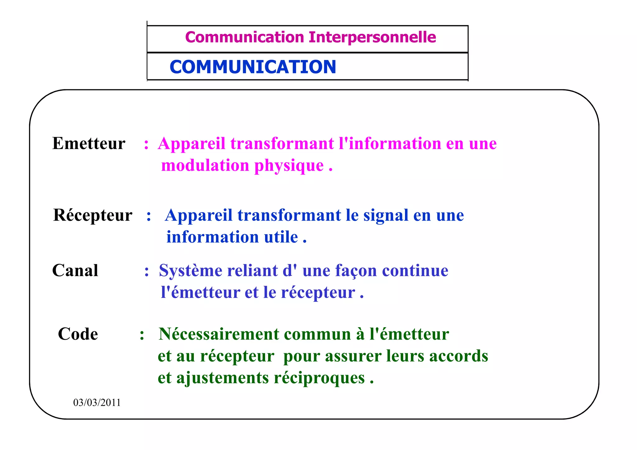 ‫مشف‬
          GROUPE OCP
                                         Communication Interpersonnelle            TR N° 4/57
Direction des Ressources Humaines        ANIMATION D'EQUIPE                    PP/OCP/CI/02-02
      Département Formation
et Perfectionnement OE et TAMCA        COMMUNICATION



 Emetteur : Appareil transformant l'information en une
            modulation physique .

  Récepteur : Appareil transformant le signal en une
              information utile .
 Canal                              : Système reliant d' une façon continue
                                      l'émetteur et le récepteur .

    Code                            : Nécessairement commun à l'émetteur
                                      et au récepteur pour assurer leurs accords
                                      et ajustements réciproques .
          03/03/2011
 