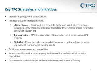 Key TRC Strategies and Initiatives
11
 Invest in organic growth opportunities
 Increase focus on strategic markets:
 Utility / Power – Continued investment to modernize gas & electric systems,
including energy efficiency programs; regulatory drivers for significant renewable
generation investment
 Transportation – FAST transportation bill supports capital expansion and P3
projects
 Oil & Gas – Changing midstream market dynamics resulting in focus on repair,
upgrade and monitoring of existing assets
 Build program management capabilities
 Pursue acquisitions that provide geographic expansion and enhanced technical
capabilities
 Capture scale-based synergies and continue to emphasize cost efficiency
 