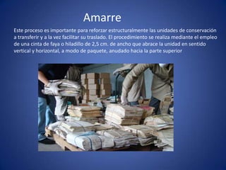 Amarre
Este proceso es importante para reforzar estructuralmente las unidades de conservación
a transferir y a la vez facilitar su traslado. El procedimiento se realiza mediante el empleo
de una cinta de faya o hiladillo de 2,5 cm. de ancho que abrace la unidad en sentido
vertical y horizontal, a modo de paquete, anudado hacia la parte superior
 