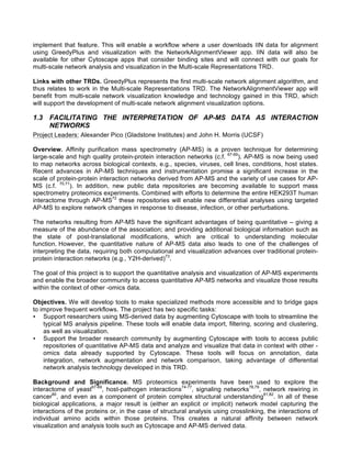 implement that feature. This will enable a workflow where a user downloads IIN data for alignment
using GreedyPlus and visualization with the NetworkAlignmentViewer app. IIN data will also be
available for other Cytoscape apps that consider binding sites and will connect with our goals for
multi-scale network analysis and visualization in the Multi-scale Representations TRD.
Links with other TRDs. GreedyPlus represents the first multi-scale network alignment algorithm, and
thus relates to work in the Multi-scale Representations TRD. The NetworkAlignmentViewer app will
benefit from multi-scale network visualization knowledge and technology gained in this TRD, which
will support the development of multi-scale network alignment visualization options.
1.3 FACILITATING THE INTERPRETATION OF AP-MS DATA AS INTERACTION
NETWORKS
Project Leaders: Alexander Pico (Gladstone Institutes) and John H. Morris (UCSF)
Overview. Affinity purification mass spectrometry (AP-MS) is a proven technique for determining
large-scale and high quality protein-protein interaction networks (c.f. 67-69
). AP-MS is now being used
to map networks across biological contexts, e.g., species, viruses, cell lines, conditions, host states.
Recent advances in AP-MS techniques and instrumentation promise a significant increase in the
scale of protein-protein interaction networks derived from AP-MS and the variety of use cases for AP-
MS (c.f. 70,71
). In addition, new public data repositories are becoming available to support mass
spectrometry proteomics experiments. Combined with efforts to determine the entire HEK293T human
interactome through AP-MS72
these repositories will enable new differential analyses using targeted
AP-MS to explore network changes in response to disease, infection, or other perturbations.
The networks resulting from AP-MS have the significant advantages of being quantitative – giving a
measure of the abundance of the association; and providing additional biological information such as
the state of post-translational modifications, which are critical to understanding molecular
function. However, the quantitative nature of AP-MS data also leads to one of the challenges of
interpreting the data, requiring both computational and visualization advances over traditional protein-
protein interaction networks (e.g., Y2H-derived)73
.
The goal of this project is to support the quantitative analysis and visualization of AP-MS experiments
and enable the broader community to access quantitative AP-MS networks and visualize those results
within the context of other -omics data.
Objectives. We will develop tools to make specialized methods more accessible and to bridge gaps
to improve frequent workflows. The project has two specific tasks:
• Support researchers using MS-derived data by augmenting Cytoscape with tools to streamline the
typical MS analysis pipeline. These tools will enable data import, filtering, scoring and clustering,
as well as visualization.
• Support the broader research community by augmenting Cytoscape with tools to access public
repositories of quantitative AP-MS data and analyze and visualize that data in context with other -
omics data already supported by Cytoscape. These tools will focus on annotation, data
integration, network augmentation and network comparison, taking advantage of differential
network analysis technology developed in this TRD.
Background and Significance. MS proteomics experiments have been used to explore the
interactome of yeast67-69
, host-pathogen interactions74-77
, signaling networks78,79
, network rewiring in
cancer80
, and even as a component of protein complex structural understanding81,82
. In all of these
biological applications, a major result is (either an explicit or implicit) network model capturing the
interactions of the proteins or, in the case of structural analysis using crosslinking, the interactions of
individual amino acids within those proteins. This creates a natural affinity between network
visualization and analysis tools such as Cytoscape and AP-MS derived data.
 