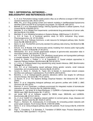 TRD 1: DIFFERENTIAL NETWORKS –
BIBLIOGRAPHY AND REFERENCES CITED
1. A., K. et al. Perturbation biology models predict c-Myc as an effective co-target in RAF inhibitor
resistant melanoma cells. Biorxiv (2014).
2. Miller, M.L. et al. Drug synergy screen and network modeling in dedifferentiated liposarcoma
identifies CDK4 and IGF1R as synergistic drug targets. Sci Signal 6, ra85 (2013).
3. Molinelli, E.J. et al. Perturbation biology: inferring signaling networks in cellular systems. PLoS
Comput Biol 9, e1003290 (2013).
4. Nelander, S. et al. Models from experiments: combinatorial drug perturbations of cancer cells.
Mol Syst Biol 4, 216 (2008).
5. Machado, D. et al. Modeling formalisms in Systems Biology. AMB Express 1, 45 (2011).
6. Li, K.C. & Yuan, S. A functional genomic study on NCI's anticancer drug screen.
Pharmacogenomics J 4, 127-35 (2004).
7. Cerami, E.G. et al. Pathway Commons, a web resource for biological pathway data. Nucleic
Acids Res 39, D685-90 (2011).
8. Demir, E. et al. The BioPAX community standard for pathway data sharing. Nat Biotechnol 28,
935-42 (2010).
9. Schurer, S.C. & Muskal, S.M. Kinome-wide activity modeling from diverse public high-quality
data sets. J Chem Inf Model 53, 27-38 (2013).
10. Alekseyenko, A.V. et al. Causal graph-based analysis of genome-wide association data in
rheumatoid arthritis. Biol Direct 6, 25 (2011).
11. Kim, Y.A., Wuchty, S. & Przytycka, T.M. Identifying causal genes and dysregulated pathways
in complex diseases. PLoS Comput Biol 7, e1001095 (2011).
12. Kramer, A., Green, J., Pollard, J., Jr. & Tugendreich, S. Causal analysis approaches in
Ingenuity Pathway Analysis. Bioinformatics 30, 523-30 (2014).
13. Li, J. & Lu, Z. Pathway-based drug repositioning using causal inference. BMC Bioinformatics
14 Suppl 16, S3 (2013).
14. Shin, S.Y. et al. Interrogating causal pathways linking genetic variants, small molecule
metabolites, and circulating lipids. Genome Med 6, 25 (2014).
15. Cerami, E., Demir, E., Schultz, N., Taylor, B.S. & Sander, C. Automated network analysis
identifies core pathways in glioblastoma. PLoS ONE 5, e8918 (2010).
16. Barretina, J. et al. Subtype-specific genomic alterations define new targets for soft-tissue
sarcoma therapy. Nat Genet 42, 715-21 (2010).
17. Le Novere, N. et al. The Systems Biology Graphical Notation. Nat Biotechnol 27, 735-41
(2009).
18. Babur, O. et al. Integrating biological pathways and genomic profiles with ChiBE 2. BMC
Genomics 15, 642 (2014).
19. Shannon, P. et al. Cytoscape: a software environment for integrated models of biomolecular
interaction networks. Genome Res 13, 2498-504 (2003).
20. Goncalves, E., van Iersel, M. & Saez-Rodriguez, J. CySBGN: a Cytoscape plug-in to integrate
SBGN maps. BMC Bioinformatics 14, 17 (2013).
21. van Iersel, M.P. et al. Software support for SBGN maps: SBGN-ML and LibSBGN.
Bioinformatics 28, 2016-21 (2012).
22. Hu, Z. et al. VisANT 4.0: Integrative network platform to connect genes, drugs, diseases and
therapies. Nucleic Acids Res 41, W225-31 (2013).
23. Royer, L., Reimann, M., Andreopoulos, B. & Schroeder, M. Unraveling protein networks with
power graph analysis. PLoS Comput Biol 4, e1000108 (2008).
24. Demir, E. et al. Using biological pathway data with paxtools. PLoS Comput Biol 9, e1003194
(2013).
25. Vogt, T., Czauderna, T. & Schreiber, F. Translation of SBGN maps: Process Description to
Activity Flow. BMC Syst Biol 7, 115 (2013).
 