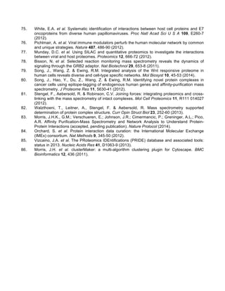 75. White, E.A. et al. Systematic identification of interactions between host cell proteins and E7
oncoproteins from diverse human papillomaviruses. Proc Natl Acad Sci U S A 109, E260-7
(2012).
76. Pichlmair, A. et al. Viral immune modulators perturb the human molecular network by common
and unique strategies. Nature 487, 486-90 (2012).
77. Munday, D.C. et al. Using SILAC and quantitative proteomics to investigate the interactions
between viral and host proteomes. Proteomics 12, 666-72 (2012).
78. Bisson, N. et al. Selected reaction monitoring mass spectrometry reveals the dynamics of
signaling through the GRB2 adaptor. Nat Biotechnol 29, 653-8 (2011).
79. Song, J., Wang, Z. & Ewing, R.M. Integrated analysis of the Wnt responsive proteome in
human cells reveals diverse and cell-type specific networks. Mol Biosyst 10, 45-53 (2014).
80. Song, J., Hao, Y., Du, Z., Wang, Z. & Ewing, R.M. Identifying novel protein complexes in
cancer cells using epitope-tagging of endogenous human genes and affinity-purification mass
spectrometry. J Proteome Res 11, 5630-41 (2012).
81. Stengel, F., Aebersold, R. & Robinson, C.V. Joining forces: integrating proteomics and cross-
linking with the mass spectrometry of intact complexes. Mol Cell Proteomics 11, R111 014027
(2012).
82. Walzthoeni, T., Leitner, A., Stengel, F. & Aebersold, R. Mass spectrometry supported
determination of protein complex structure. Curr Opin Struct Biol 23, 252-60 (2013).
83. Morris, J.H.K., G.M.; Verschueren, E.; Johnson, J.R.; Cimermancic, P.; Greninger, A.L.; Pico,
A.R. Affinity Purification-Mass Spectrometry and Network Analysis to Understand Protein-
Protein Interactions (accepted, pending publication). Nature Protocol (2014).
84. Orchard, S. et al. Protein interaction data curation: the International Molecular Exchange
(IMEx) consortium. Nat Methods 9, 345-50 (2012).
85. Vizcaino, J.A. et al. The PRoteomics IDEntifications (PRIDE) database and associated tools:
status in 2013. Nucleic Acids Res 41, D1063-9 (2013).
86. Morris, J.H. et al. clusterMaker: a multi-algorithm clustering plugin for Cytoscape. BMC
Bioinformatics 12, 436 (2011).
 
