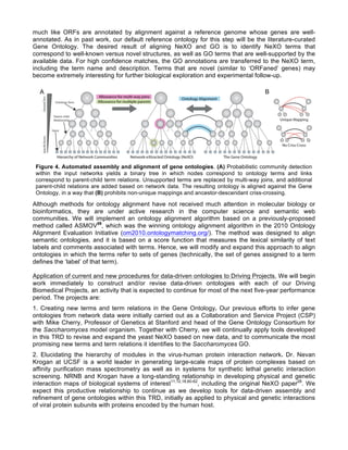 much like ORFs are annotated by alignment against a reference genome whose genes are well-
annotated. As in past work, our default reference ontology for this step will be the literature-curated
Gene Ontology. The desired result of aligning NeXO and GO is to identify NeXO terms that
correspond to well-known versus novel structures, as well as GO terms that are well-supported by the
available data. For high confidence matches, the GO annotations are transferred to the NeXO term,
including the term name and description. Terms that are novel (similar to ‘ORFaned’ genes) may
become extremely interesting for further biological exploration and experimental follow-up.
Although methods for ontology alignment have not received much attention in molecular biology or
bioinformatics, they are under active research in the computer science and semantic web
communities. We will implement an ontology alignment algorithm based on a previously-proposed
method called ASMOV59
, which was the winning ontology alignment algorithm in the 2010 Ontology
Alignment Evaluation Initiative (om2010.ontologymatching.org/). The method was designed to align
semantic ontologies, and it is based on a score function that measures the lexical similarity of text
labels and comments associated with terms. Hence, we will modify and expand this approach to align
ontologies in which the terms refer to sets of genes (technically, the set of genes assigned to a term
defines the ‘label’ of that term).
Application of current and new procedures for data-driven ontologies to Driving Projects. We will begin
work immediately to construct and/or revise data-driven ontologies with each of our Driving
Biomedical Projects, an activity that is expected to continue for most of the next five-year performance
period. The projects are:
1. Creating new terms and term relations in the Gene Ontology. Our previous efforts to infer gene
ontologies from network data were initially carried out as a Collaboration and Service Project (CSP)
with Mike Cherry, Professor of Genetics at Stanford and head of the Gene Ontology Consortium for
the Saccharomyces model organism. Together with Cherry, we will continually apply tools developed
in this TRD to revise and expand the yeast NeXO based on new data, and to communicate the most
promising new terms and term relations it identifies to the Saccharomyces GO.
2. Elucidating the hierarchy of modules in the virus-human protein interaction network. Dr. Nevan
Krogan at UCSF is a world leader in generating large-scale maps of protein complexes based on
affinity purification mass spectrometry as well as in systems for synthetic lethal genetic interaction
screening. NRNB and Krogan have a long-standing relationship in developing physical and genetic
interaction maps of biological systems of interest11,12,18,60-62
, including the original NeXO paper28
. We
expect this productive relationship to continue as we develop tools for data-driven assembly and
refinement of gene ontologies within this TRD, initially as applied to physical and genetic interactions
of viral protein subunits with proteins encoded by the human host.
A
A
B
A
A
F
i
g
u
r
e
X
.
A
u
t
o
m
a
t
e
d
a
s
s
e
m
b
l
y
a
n
d
a
l
i
g
n
m
e
n
t
o
f
g
e
n
e
Figure 4. Automated assembly and alignment of gene ontologies. (A) Probabilistic community detection
within the input networks yields a binary tree in which nodes correspond to ontology terms and links
correspond to parent-child term relations. Unsupported terms are replaced by multi-way joins, and additional
parent-child relations are added based on network data. The resulting ontology is aligned against the Gene
Ontology, in a way that (B) prohibits non-unique mappings and ancestor-descendant criss-crossing.
 