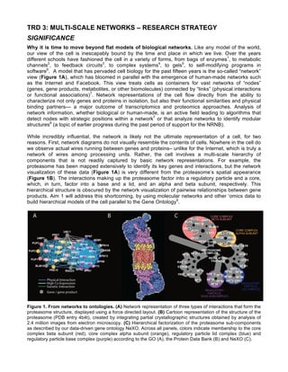TRD 3: MULTI-SCALE NETWORKS – RESEARCH STRATEGY
SIGNIFICANCE
Why it is time to move beyond flat models of biological networks. Like any model of the world,
our view of the cell is inescapably bound by the time and place in which we live. Over the years
different schools have fashioned the cell in a variety of forms, from bags of enzymes1
, to metabolic
channels2
, to feedback circuits3
, to complex systems4
, to gels5
, to self-modifying programs in
software6
. A model that has pervaded cell biology for the past fifteen years is the so-called “network”
view (Figure 1A), which has bloomed in parallel with the emergence of human-made networks such
as the Internet and Facebook. This view treats cells as containers for vast networks of “nodes”
(genes, gene products, metabolites, or other biomolecules) connected by “links” (physical interactions
or functional associations)7
. Network representations of the cell flow directly from the ability to
characterize not only genes and proteins in isolation, but also their functional similarities and physical
binding partners— a major outcome of transcriptomics and proteomics approaches. Analysis of
network information, whether biological or human-made, is an active field leading to algorithms that
detect nodes with strategic positions within a network7
or that analyze networks to identify modular
structures8
(a topic of earlier progress during the past period of support for the NRNB).
While incredibly influential, the network is likely not the ultimate representation of a cell, for two
reasons. First, network diagrams do not visually resemble the contents of cells. Nowhere in the cell do
we observe actual wires running between genes and proteins– unlike for the Internet, which is truly a
network of wires among processing units. Rather, the cell involves a multi-scale hierarchy of
components that is not readily captured by basic network representations. For example, the
proteasome has been mapped extensively to identify its key genes and interactions, but the network
visualization of these data (Figure 1A) is very different from the proteasome’s spatial appearance
(Figure 1B). The interactions making up the proteasome factor into a regulatory particle and a core,
which, in turn, factor into a base and a lid, and an alpha and beta subunit, respectively. This
hierarchical structure is obscured by the network visualization of pairwise relationships between gene
products. Aim 1 will address this shortcoming, by using molecular networks and other ‘omics data to
build hierarchical models of the cell parallel to the Gene Ontology9
.
Figure 1. From networks to ontologies. (A) Network representation of three types of interactions that form the
proteasome structure, displayed using a force directed layout. (B) Cartoon representation of the structure of the
proteasome (PDB entry 4b4t), created by integrating partial crystallographic structures obtained by analysis of
2.4 million images from electron microscopy. (C) Hierarchical factorization of the proteasome sub-components
as described by our data-driven gene ontology NeXO. Across all panels, colors indicate membership to the core
complex beta subunit (red), core complex alpha subunit (orange), regulatory particle lid complex (blue) and
regulatory particle base complex (purple) according to the GO (A), the Protein Data Bank (B) and NeXO (C).
 