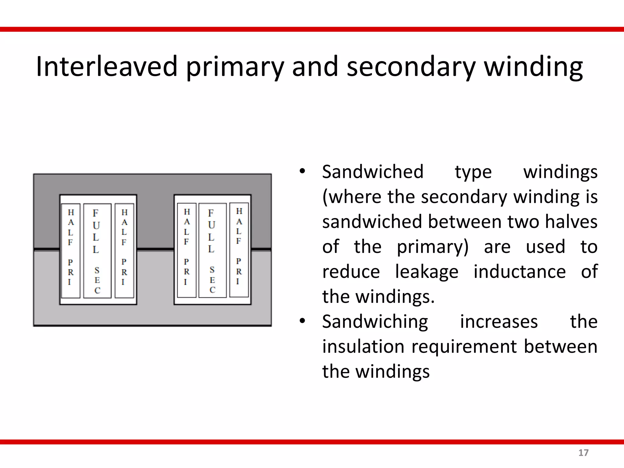 Interleaved primary and secondary winding
17
• Sandwiched type windings
(where the secondary winding is
sandwiched between two halves
of the primary) are used to
reduce leakage inductance of
the windings.
• Sandwiching increases the
insulation requirement between
the windings
 