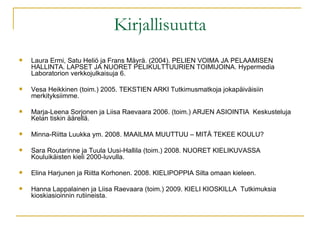 Kirjallisuutta Laura Ermi, Satu Heliö ja Frans Mäyrä. (2004). PELIEN VOIMA JA PELAAMISEN HALLINTA. LAPSET JA NUORET PELIKULTTUURIEN TOIMIJOINA. Hypermedia Laboratorion verkkojulkaisuja 6. Vesa Heikkinen (toim.) 2005. TEKSTIEN ARKI Tutkimusmatkoja jokapäiväisiin merkityksiimme. Marja-Leena Sorjonen ja Liisa Raevaara 2006. (toim.) ARJEN ASIOINTIA  Keskusteluja Kelan tiskin äärellä. Minna-Riitta Luukka ym. 2008. MAAILMA MUUTTUU – MITÄ TEKEE KOULU? Sara Routarinne ja Tuula Uusi-Hallila (toim.) 2008. NUORET KIELIKUVASSA Kouluikäisten kieli 2000-luvulla. Elina Harjunen ja Riitta Korhonen. 2008. KIELIPOPPIA Silta omaan kieleen. Hanna Lappalainen ja Liisa Raevaara (toim.) 2009. KIELI KIOSKILLA  Tutkimuksia kioskiasioinnin rutiineista. 