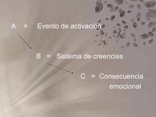 A  =  Evento de activación  B  =  Sistema de creencias C  =  Consecuencia emocional 