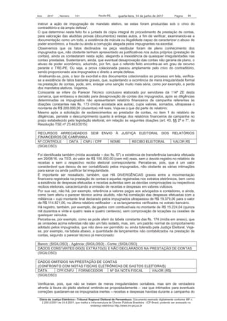 Ano 2017 , Número 131 Recife-PE, Página 84quarta-feira, 14 de junho de 2017
Diário da Justiça Eletrônico - Tribunal Regional Eleitoral de Pernambuco. Documento assinado digitalmente conforme MP n.
2.200-2/2001 de 24.8.2001, que institui a Infra-estrutura de Chaves Públicas Brasileira - ICP-Brasil, podendo ser acessado no
endereço eletrônico http://www.tre-pe.jus.br
instruir a ação de impugnação de mandato eletivo, se estas foram produzidas sob o crivo do
contraditório e da ampla defesa".
O que determinei neste feito foi a juntada de cópia integral do procedimento de prestação de contas,
para valoração das aludidas provas (documentos) nestes autos, a fim de verificar, examinando-se a
documentação como um todo, a existência de mácula ou ilegalidade capaz de caracterizar o abuso de
poder econômico, a fraude ou ainda a corrupção alegada pelos impugnantes na exordial.
Observemos que os fatos declinados na peça vestibular foram de pleno conhecimento dos
impugnados que, não obstante tenham apresentado as justificativas nos autos próprios (prestação de
contas), ainda os contestaram nesta ação, alegando a inexistência de quaisquer irregularidades nas
contas prestadas. Sustentaram, ainda, que eventual desaprovação das contas não geraria de plano, o
abuso de poder econômico, aduzindo, por fim, que o referido feito encontra-se em grau de recurso
perante o TRE-PE. Ou seja, a prova colacionada passou amplamente pelo crivo do contraditório,
sendo proporcionado aos impugnados o direito a ampla defesa.
Analisando-se, pois, o teor da exordial e dos documentos colacionados ao processo em tela, verifica-
se a existência de fatos bastante graves, que, suplantando a ocorrência de mera irregularidade formal
na prestação de contas, pode, sim, ensejar uma sanção muito mais séria, como por exemplo, a perda
dos mandatos eletivos. Vejamos.
Consoante se infere do Parecer Técnico conclusivo elaborado por servidores da 114ª ZE desta
comarca, que embasou a decisão para desaprovação de contas dos impugnados, após as diligências
determinadas os impugnados não apresentaram relatório financeiros de campanha referentes às
doações constantes nas fls. 173 (mídia acostada aos autos), cujos valores, somados, ultrapassa o
montante de R$ 200.000,00 (duzentos) mil reais. Veja-se o que diz parte do relatório:
Mesmo após a solicitação de esclarecimentos ao prestador de contas, no item 1 do relatório de
diligências, persiste o descumprimento quanto à entrega dos relatórios financeiros de campanha no
prazo estabelecido pela legislação eleitoral, em relação às seguintes doações (art. 43, §§ 2º e 7°, da
Resolução TSE nº 23.463/2015):
RECURSOS ARRECADADOS SEM ENVIO À JUSTIÇA ELEITORAL DOS RELATÓRIOS
FINANCEIROS DE CAMPANHA
Nº CONTROLE DATA CNPJ / CPF NOME RECIBO ELEITORAL VALOR R$
(SIGILOSO)
Foi identificada também (mídia acostada – doc fls. 57) a existência de transferência bancária efetuada
em 29/08/16, via TED, do valor de R$ 100.000,00 (cem mil) reais, sem o devido registro no relatório de
receitas e sem o respectivo recibo eleitoral correspondente. Percebe-se, pois, que é um valor
considerável que deixou de ser contabilizado pelos impugnados, não obstante as várias intimações
para sanar ou ainda justificar tal irregularidade.
É importante ser ressaltado, também, que HÁ DIVERGÊNCIAS graves entre a movimentação
financeira registrada na prestação de contas e aquelas registradas nos extratos eletrônicos, bem como
a existência de despesas efetuadas e receitas auferidas sem as devidas comprovações ou respectivos
recibos eleitorais, caracterizando a omissão de receitas e despesas em valores vultosos.
Por sua vez, não há, por exemplo, referência a valores pagos aos advogados e contadores, e ainda,
como bem aferiu o parecer técnico acima aludido, não há correlação das despesas efetuadas com a
militância – cujo montante final declarado pelos impugnados ultrapassou de R$ 19.379,00 para o valor
de R$ 114.821,00, no último relatório retificador – e os lançamentos verificados no extrato bancário.
Há registro, também, por exemplo, de gastos com combustíveis no montante de R$ 15.224,04 (quinze
mil duzentos e vinte e quatro reais e quatro centavos), sem comprovação de locações ou cessões de
quaisquer veículos.
Perceba-se, por exemplo, como se pode aferir da tabela constante das fls. 174 (mídia em anexo), que
as omissões acima referidas não são um fato isolado, mas, sim, um padrão normal de comportamento
adotado pelos impugnados, que não deve ser permitido ou ainda tolerado pela Justiça Eleitoral. Veja-
se, por exemplo, na tabela abaixo, a quantidade de lançamentos não contabilizados na prestação de
contas, segundo o parecer técnico já mencionado:
Banco: (SIGILOSO) - Agência: (SIGILOSO) - Conta: (SIGILOSO)
DADOS CONSTANTES DO(S) EXTRATO(S) E NÃO DECLARADOS NA PRESTAÇÃO DE CONTAS
(SIGILOSO)
DADOS OMITIDOS NA PRESTAÇÃO DE CONTAS
(CONFRONTO COM NOTAS FISCAIS ELETRÔNICAS DE GASTOS ELEITORAIS)
DATA CPF/CNPJ FORNECEDOR Nº DA NOTA FISCAL VALOR (R$)
(SIGILOSO)
Verifica-se, pois, que não se tratam de meras irregularidades contábeis, mas sim de verdadeira
afronta à lisura do pleito eleitoral omitindo-se propositadamente – vez que intimados para eventuais
correções quedaram-se os impugnados inertes – receitas e despesas havidas durante a campanha do
 