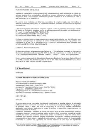 Ano 2017 , Número 131 Recife-PE, Página 82quarta-feira, 14 de junho de 2017
Diário da Justiça Eletrônico - Tribunal Regional Eleitoral de Pernambuco. Documento assinado digitalmente conforme MP n.
2.200-2/2001 de 24.8.2001, que institui a Infra-estrutura de Chaves Públicas Brasileira - ICP-Brasil, podendo ser acessado no
endereço eletrônico http://www.tre-pe.jus.br
PARECER TÉCNICO CONCLUSIVO
Submete-se à apreciação superior o relatório dos exames efetuados sobre a prestação de contas em
epígrafe, abrangendo a arrecadação e aplicação de recursos utilizados na campanha relativas às
eleições de 2016, à luz das regras estabelecidas pela Lei n.º 9.504, de 30 de setembro de 1997, e
pela Resolução TSE n.º 23.463/2015.
Do exame, após realizadas as diligências necessárias à complementação das informações, à
obtenção de esclarecimentos e/ou ao saneamento de falhas, restaram caracterizadas as seguintes
inconsistências:
1. Os recursos próprios aplicados em campanha superam o valor do patrimônio declarado por ocasião
do registro de candidatura, revelando indícios de utilização de recursos de origem não identificada (art.
3º, I, e art. 14, I, da Resolução TSE nº 23.463/2015):
PATRIMÔNIO DECLARADO NO CAND (R$): 0,00
RECURSOS PRÓPRIOS NA PC (R$): 2.230,00
Em face do exposto, tendo em vista que as ocorrências acima identificadas não são suficientes para
ensejarem a desaprovação da prestação de contas por não comprometerem sua regularidade, com
fundamento no art. 64, § 3º da Resolução TSE n.º 23.463/2015, manifestam-se estes servidores pela
APROVAÇÃO DAS CONTAS COM RESSALVAS.
É o Parecer. À consideração superior.
Os documentos devem ser apresentados ao Cartório da 11ª. Zona Eleitoral, localizada na Avenida dos
Guararapes, Jaboatão dos Guararapes/PE, CEP.: 54.325-012, via protocolo, no horário de 08:00 h às
14:00 h. de segunda a sexta-feira. Telefones: 3194 9011 / 3194 9711 – E-mail: ze011@tre-pe.jus.br
Dado e passado nesta cidade de Jaboatão dos Guararapes, Estado de Pernambuco, Cartório Eleitoral
da 011ªZE, aos doze dias do mês de junho do ano de dois mil e dezessete (12/06/2017). Eu, Ivson
Brito Falcão de Sales, Técnico Judiciário, digitei e assino.
12ª Zona Eleitoral
Sentenças
AÇÃO DE IMPUGNAÇÃO DE MANDADO ELETIVO
Processo n 2-58.2017.6.17.0012
Ação de Impugnação de Mandato Eletivo - AIME
Impugnantes – (SIGILOSO) e (SIGILOSO)
Advogado(s): Thais Azevedo Sá de Oliveira OAB/PE nº 38.464
Impugnados – (SIGILOSO) e (SIGILOSO)
Advogado(s): Bruno de Farias Teixeira OAB/PE nº 23.258
Advogado(s): Fernanda Cristina Muniz Cruz OAB/PE nº 31.118
S E N T E N Ç A
Vistos etc...
Os impugnantes acima nominados, devidamente qualificados na exordial, através de advogada
habilitada, conforme instrumento procuratório de fls. 14, interpuseram a presente Ação de Impugnação
de Mandato Eletivo – AIME, em face de (SIGILOSO) e (SIGILOSO), também devidamente
qualificados. que exercem atualmente os cargos de prefeito e vice-prefeito, respectivamente, no
âmbito desta cidade de Paulista.
Foi aduzido, em síntese, a ocorrência de fraude, corrupção e abuso de poder econômico por parte dos
impugnados durante a campanha eleitoral relativa ao último pleito, o que teria ensejado a rejeição
completa das contas dos mesmos; Asseveraram, ainda, a existência de mais dois outros ilícitos
cometidos, que, segundo narrativas, também configurariam motivos para cassação dos respectivos
mandatos eletivos, quais sejam, a captação de voto mediante a edição de decreto de desapropriação
fraudulento e a demora no julgamento em primeira instância de uma ação de improbidade
 
