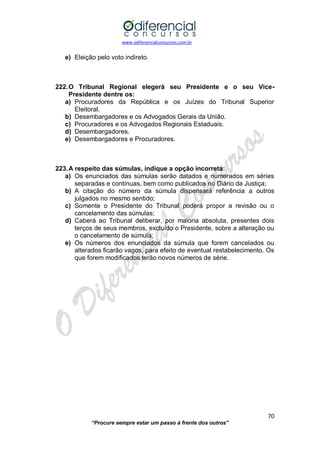 www.odiferencialconcursos.com.br 
70 
“Procure sempre estar um passo à frente dos outros” 
e) Eleição pelo voto indireto. 
222. O Tribunal Regional elegerá seu Presidente e o seu Vice- Presidente dentre os: 
a) Procuradores da República e os Juízes do Tribunal Superior Eleitoral. 
b) Desembargadores e os Advogados Gerais da União. 
c) Procuradores e os Advogados Regionais Estaduais. 
d) Desembargadores. 
e) Desembargadores e Procuradores. 
223. A respeito das súmulas, indique a opção incorreta: 
a) Os enunciados das súmulas serão datados e numerados em séries separadas e contínuas, bem como publicados no Diário da Justiça; 
b) A citação do número da súmula dispensará referência a outros julgados no mesmo sentido; 
c) Somente o Presidente do Tribunal poderá propor a revisão ou o cancelamento das súmulas; 
d) Caberá ao Tribunal deliberar, por maioria absoluta, presentes dois terços de seus membros, excluído o Presidente, sobre a alteração ou o cancelamento de súmula; 
e) Os números dos enunciados da súmula que forem cancelados ou alterados ficarão vagos, para efeito de eventual restabelecimento. Os que forem modificados terão novos números de série. 
 