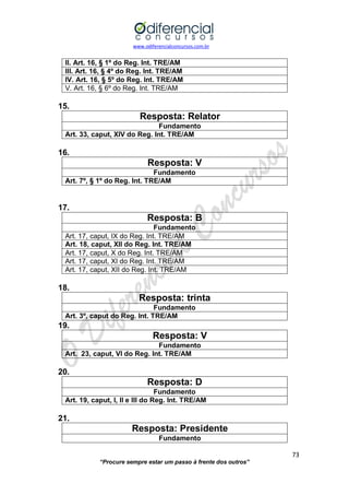 www.odiferencialconcursos.com.br 
73 
“Procure sempre estar um passo à frente dos outros” 
II. Art. 16, § 1º do Reg. Int. TRE/AM 
III. Art. 16, § 4º do Reg. Int. TRE/AM 
IV. Art. 16, § 5º do Reg. Int. TRE/AM 
V. Art. 16, § 6º do Reg. Int. TRE/AM 
15. 
Resposta: Relator 
Fundamento 
Art. 33, caput, XIV do Reg. Int. TRE/AM 
16. 
Resposta: V 
Fundamento 
Art. 7º, § 1º do Reg. Int. TRE/AM 
17. 
Resposta: B 
Fundamento 
Art. 17, caput, IX do Reg. Int. TRE/AM 
Art. 18, caput, XII do Reg. Int. TRE/AM 
Art. 17, caput, X do Reg. Int. TRE/AM 
Art. 17, caput, XI do Reg. Int. TRE/AM 
Art. 17, caput, XII do Reg. Int. TRE/AM 
18. 
Resposta: trinta 
Fundamento 
Art. 3º, caput do Reg. Int. TRE/AM 
19. 
Resposta: V 
Fundamento 
Art. 23, caput, VI do Reg. Int. TRE/AM 
20. 
Resposta: D 
Fundamento 
Art. 19, caput, I, II e III do Reg. Int. TRE/AM 
21. 
Resposta: Presidente 
Fundamento  