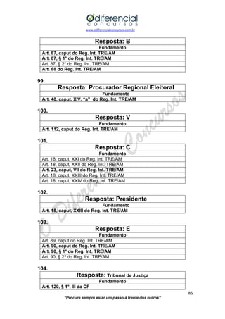 www.odiferencialconcursos.com.br 
85 
“Procure sempre estar um passo à frente dos outros” 
Resposta: B 
Fundamento 
Art. 87, caput do Reg. Int. TRE/AM 
Art. 87, § 1° do Reg. Int. TRE/AM 
Art. 87, § 2° do Reg. Int. TRE/AM 
Art. 88 do Reg. Int. TRE/AM 
99. 
Resposta: Procurador Regional Eleitoral 
Fundamento 
Art. 40, caput, XIV, “a” do Reg. Int. TRE/AM 
100. 
Resposta: V 
Fundamento 
Art. 112, caput do Reg. Int. TRE/AM 
101. 
Resposta: C 
Fundamento 
Art. 18, caput, XXI do Reg. Int. TRE/AM 
Art. 18, caput, XXII do Reg. Int. TRE/AM 
Art. 23, caput, VII do Reg. Int. TRE/AM 
Art. 18, caput, XXIII do Reg. Int. TRE/AM 
Art. 18, caput, XXIV do Reg. Int. TRE/AM 
102. 
Resposta: Presidente 
Fundamento 
Art. 18, caput, XXIII do Reg. Int. TRE/AM 
103. 
Resposta: E 
Fundamento 
Art. 89, caput do Reg. Int. TRE/AM 
Art. 90, caput do Reg. Int. TRE/AM 
Art. 90, § 1º do Reg. Int. TRE/AM 
Art. 90, § 2º do Reg. Int. TRE/AM 
104. 
Resposta: Tribunal de Justiça 
Fundamento 
Art. 120, § 1°, III da CF  