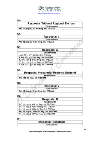www.odiferencialconcursos.com.br 
89 
“Procure sempre estar um passo à frente dos outros” 
125. 
Resposta: Tribunal Regional Eleitoral 
Fundamento 
Art. 17, caput, XII do Reg. Int. TRE/AM 
126. 
Resposta: V 
Fundamento 
Art. 33, caput, VI do Reg. Int. TRE/AM 
127. 
Resposta: A 
Fundamento 
I. Art. 131, § 1º do Reg. Int. TRE/AM 
II. Art. 131, § 2º do Reg. Int. TRE/AM 
III. Art. 131, § 3º do Reg. Int. TRE/AM 
IV. Art. 131, § 4º do Reg. Int. TRE/AM 
V. Art. 131, § 5º do Reg. Int. TRE/AM 
128. 
Resposta: Procurador Regional Eleitoral 
Fundamento 
Art. 115 do Reg. Int. TRE/AM 
129. 
Resposta: V 
Fundamento 
Art. 18, caput, VI do Reg. Int. TRE/AM 
130. 
Resposta: D 
Fundamento 
Art. 18, caput, XLII do Reg. Int. TRE/AM 
Art. 18, caput, XLIII do Reg. Int. TRE/AM 
Art. 18, caput, XLIV do Reg. Int. TRE/AM 
Art. 23, caput, XVIII do Reg. Int. TRE/AM 
Art. 18, caput, XLV do Reg. Int. TRE/AM 
131. 
Resposta: Presidente 
Fundamento  