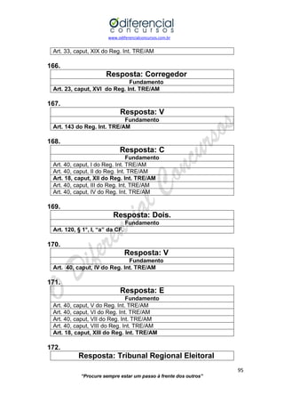 www.odiferencialconcursos.com.br 
95 
“Procure sempre estar um passo à frente dos outros” 
Art. 33, caput, XIX do Reg. Int. TRE/AM 
166. 
Resposta: Corregedor 
Fundamento 
Art. 23, caput, XVI do Reg. Int. TRE/AM 
167. 
Resposta: V 
Fundamento 
Art. 143 do Reg. Int. TRE/AM 
168. 
Resposta: C 
Fundamento 
Art. 40, caput, I do Reg. Int. TRE/AM 
Art. 40, caput, II do Reg. Int. TRE/AM 
Art. 18, caput, XII do Reg. Int. TRE/AM 
Art. 40, caput, III do Reg. Int. TRE/AM 
Art. 40, caput, IV do Reg. Int. TRE/AM 
169. 
Resposta: Dois. 
Fundamento 
Art. 120, § 1°, I, “a” da CF. 
170. 
Resposta: V 
Fundamento 
Art. 40, caput, IV do Reg. Int. TRE/AM 
171. 
Resposta: E 
Fundamento 
Art. 40, caput, V do Reg. Int. TRE/AM 
Art. 40, caput, VI do Reg. Int. TRE/AM 
Art. 40, caput, VII do Reg. Int. TRE/AM 
Art. 40, caput, VIII do Reg. Int. TRE/AM 
Art. 18, caput, XIII do Reg. Int. TRE/AM 
172. 
Resposta: Tribunal Regional Eleitoral  