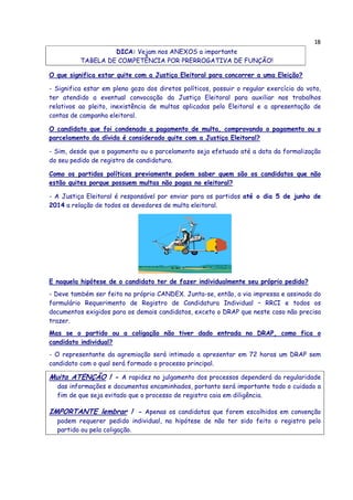 18
DICA: Vejam nos ANEXOS a importante
TABELA DE COMPETÊNCIA POR PRERROGATIVA DE FUNÇÃO!
O que significa estar quite com a Justiça Eleitoral para concorrer a uma Eleição?
- Significa estar em pleno gozo dos diretos políticos, possuir o regular exercício do voto,
ter atendido a eventual convocação da Justiça Eleitoral para auxiliar nos trabalhos
relativos ao pleito, inexistência de multas aplicadas pelo Eleitoral e a apresentação de
contas de campanha eleitoral.
O candidato que foi condenado a pagamento de multa, comprovando o pagamento ou o
parcelamento da dívida é considerado quite com a Justiça Eleitoral?
- Sim, desde que o pagamento ou o parcelamento seja efetuado até a data da formalização
do seu pedido de registro de candidatura.
Como os partidos políticos previamente podem saber quem são os candidatos que não
estão quites porque possuem multas não pagas no eleitoral?
- A Justiça Eleitoral é responsável por enviar para os partidos até o dia 5 de junho de
2014 a relação de todos os devedores de multa eleitoral.
E naquela hipótese de o candidato ter de fazer individualmente seu próprio pedido?
- Deve também ser feito no próprio CANDEX. Junta-se, então, a via impressa e assinada do
formulário Requerimento de Registro de Candidatura Individual – RRCI e todos os
documentos exigidos para os demais candidatos, exceto o DRAP que neste caso não precisa
trazer.
Mas se o partido ou a coligação não tiver dado entrada no DRAP, como fica o
candidato individual?
- O representante da agremiação será intimado a apresentar em 72 horas um DRAP sem
candidato com o qual será formado o processo principal.
Muita ATENÇÃO ! - A rapidez no julgamento dos processos dependerá da regularidade
das informações e documentos encaminhados, portanto será importante todo o cuidado a
fim de que seja evitado que o processo de registro caia em diligência.
IMPORTANTE lembrar ! - Apenas os candidatos que forem escolhidos em convenção
podem requerer pedido individual, na hipótese de não ter sido feito o registro pelo
partido ou pela coligação.
 